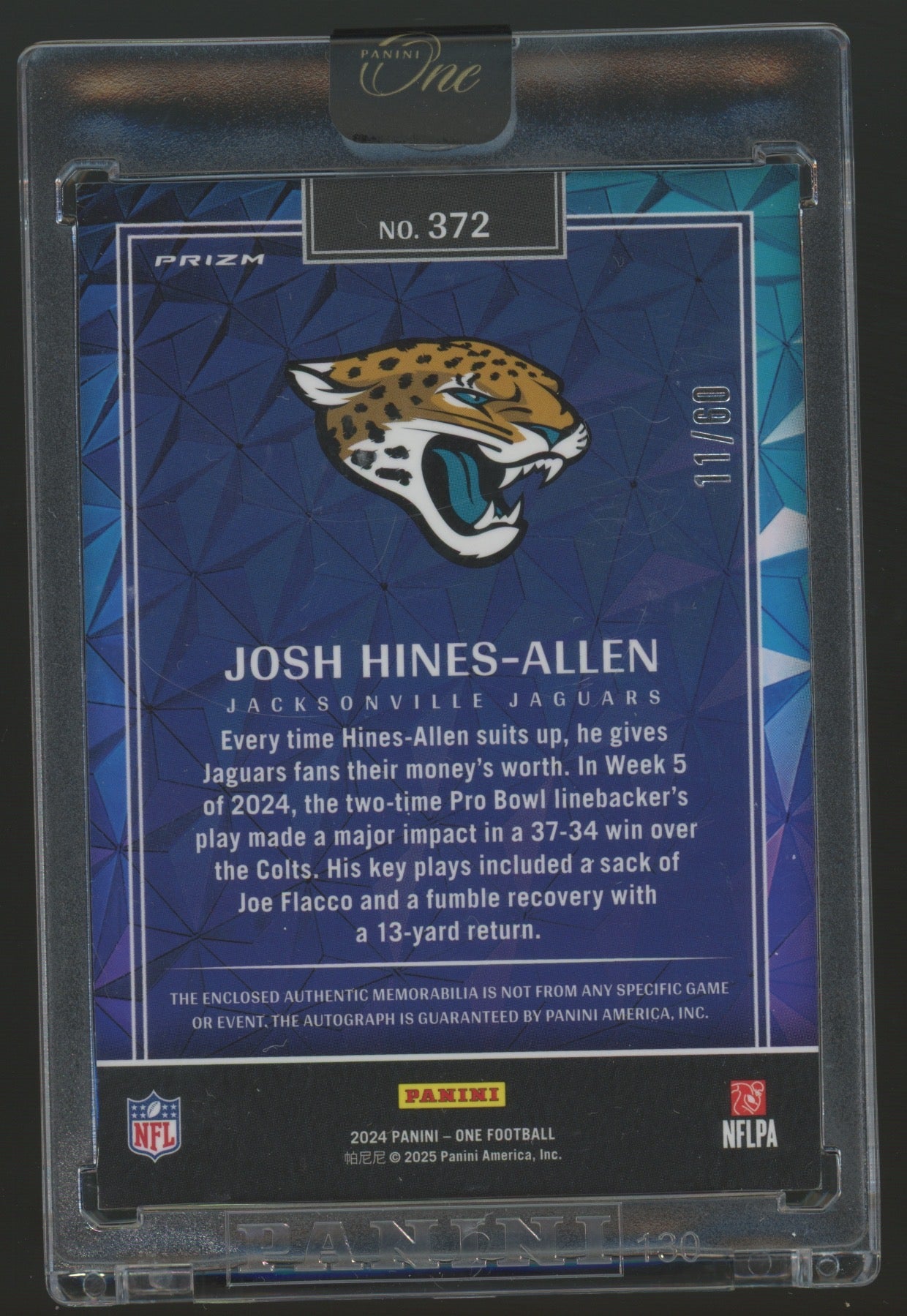 2025 Panini One Football Josh Hines-Allen #372 Prizm Patch 11/60