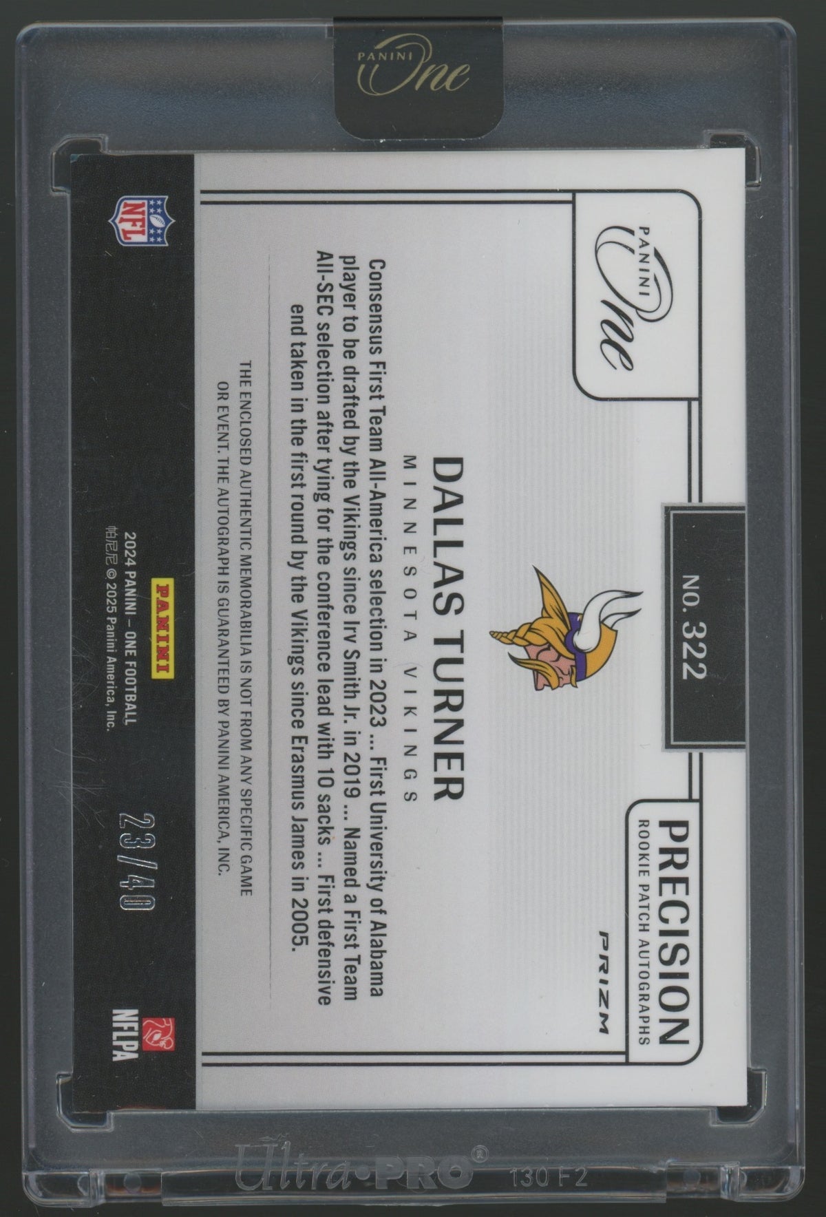 2024 Panini One Precision Dallas Turner #322 Green /40 Patch RC