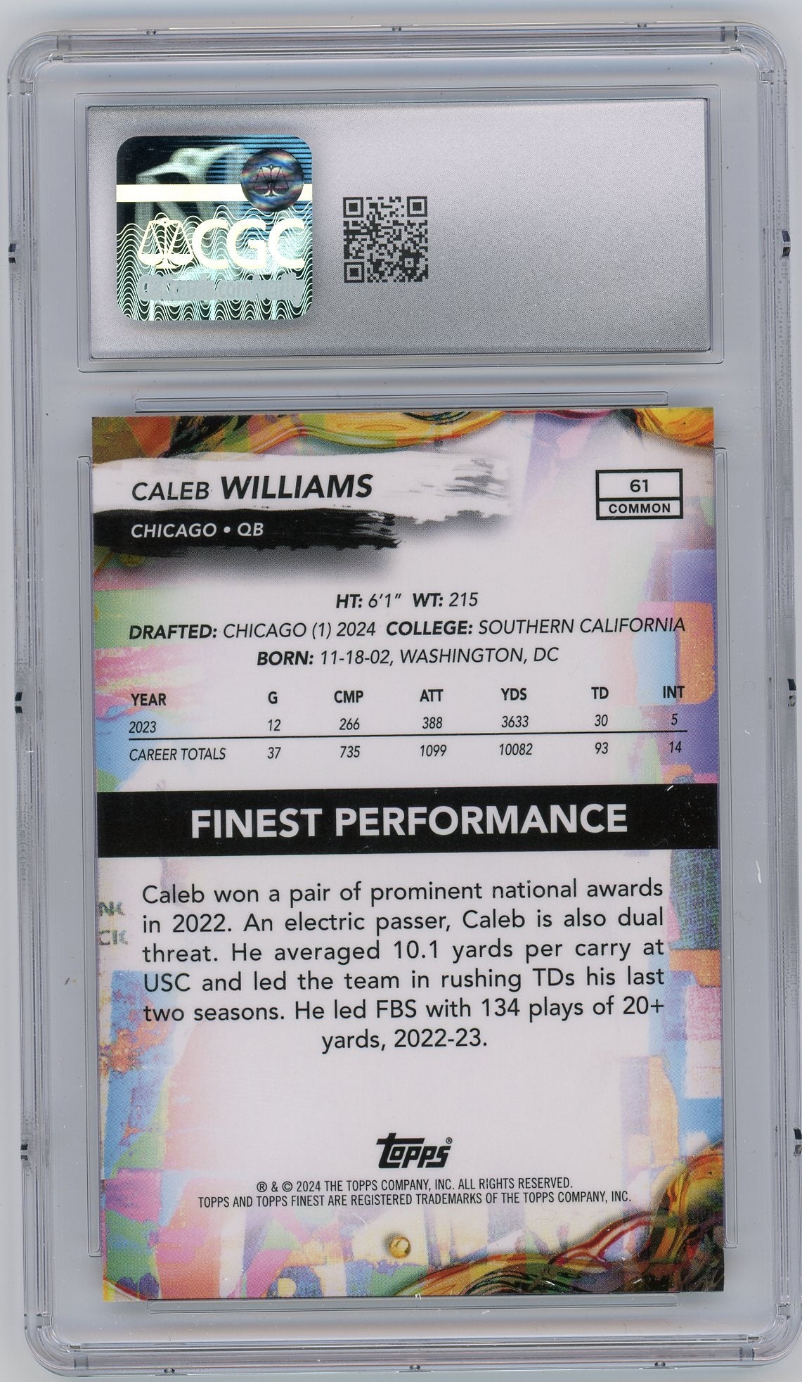 2024 HL-P04 Topps Finest Caleb Williams #61 Checkerboard Refractor RC