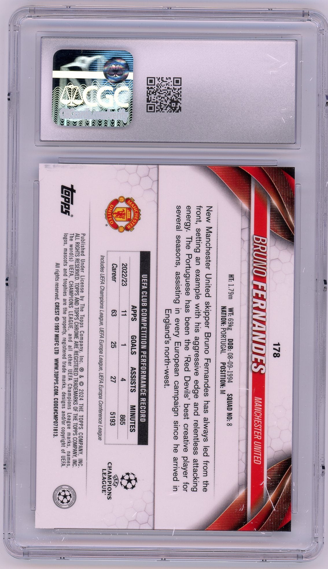 23/24 HL-P04 Topps Chrome UEFA CC Bruno Fernandes #178 Violet Speckle /299 CGC 9