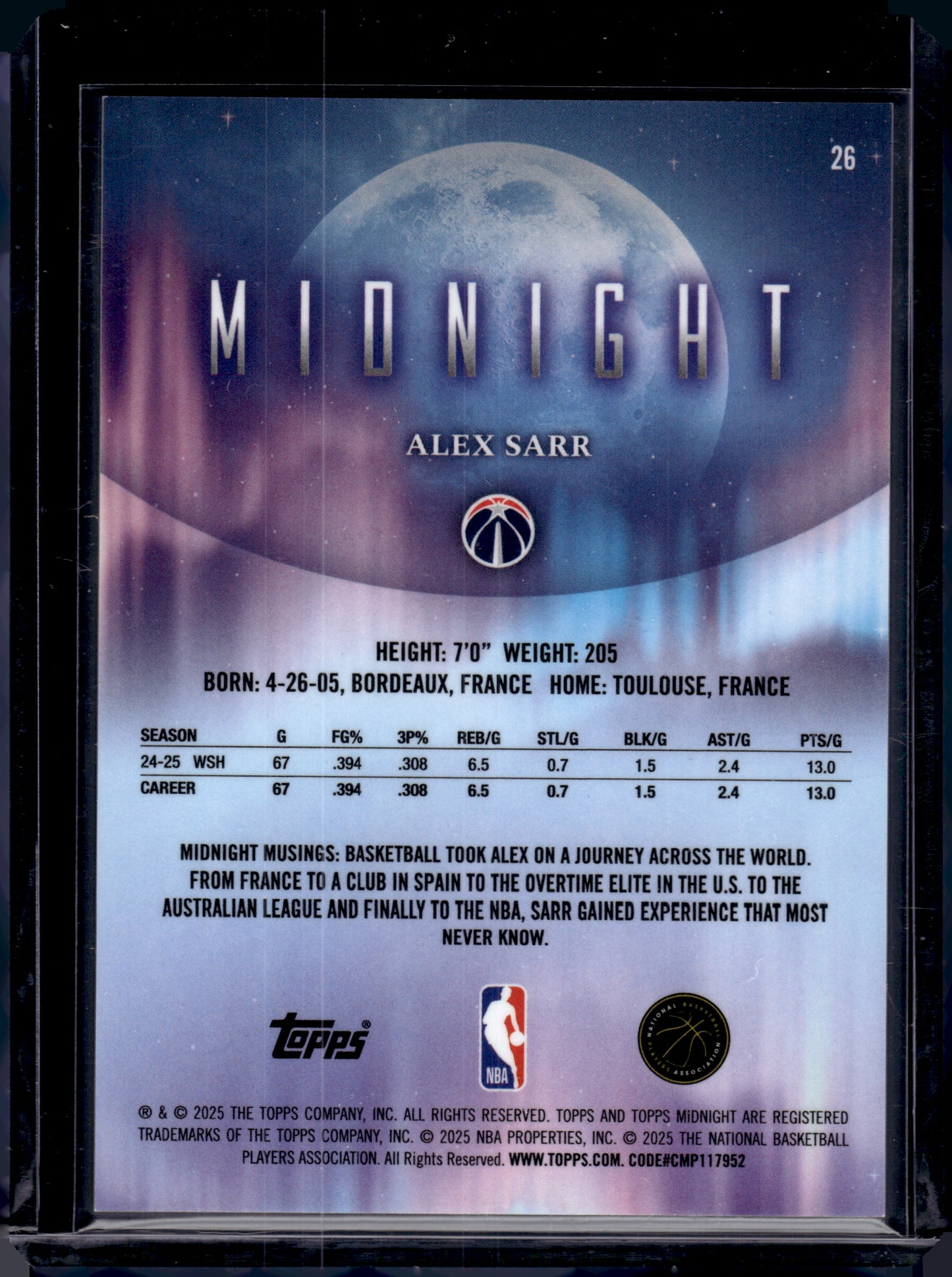 2025 HL-P02 Topps Midnight Alex Sarr #26