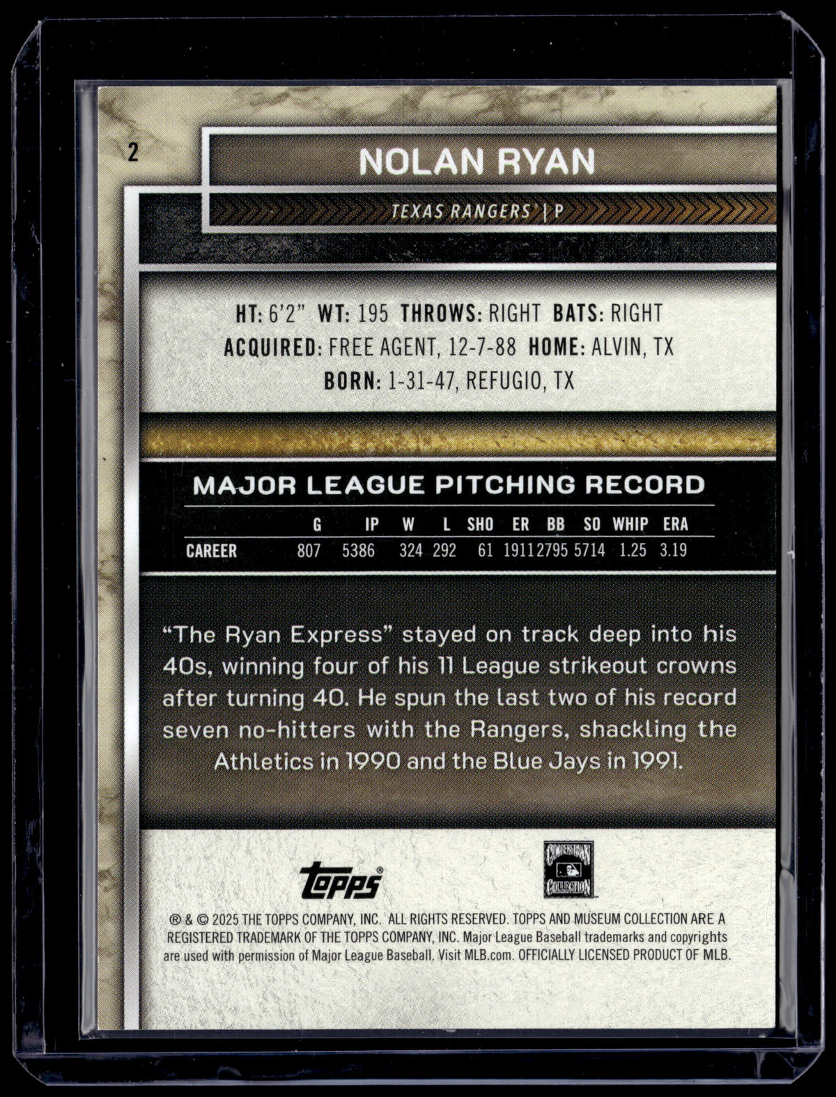 HL-P01 2025 Topps Museum Collection Nolan Ryan #2 Purple /99