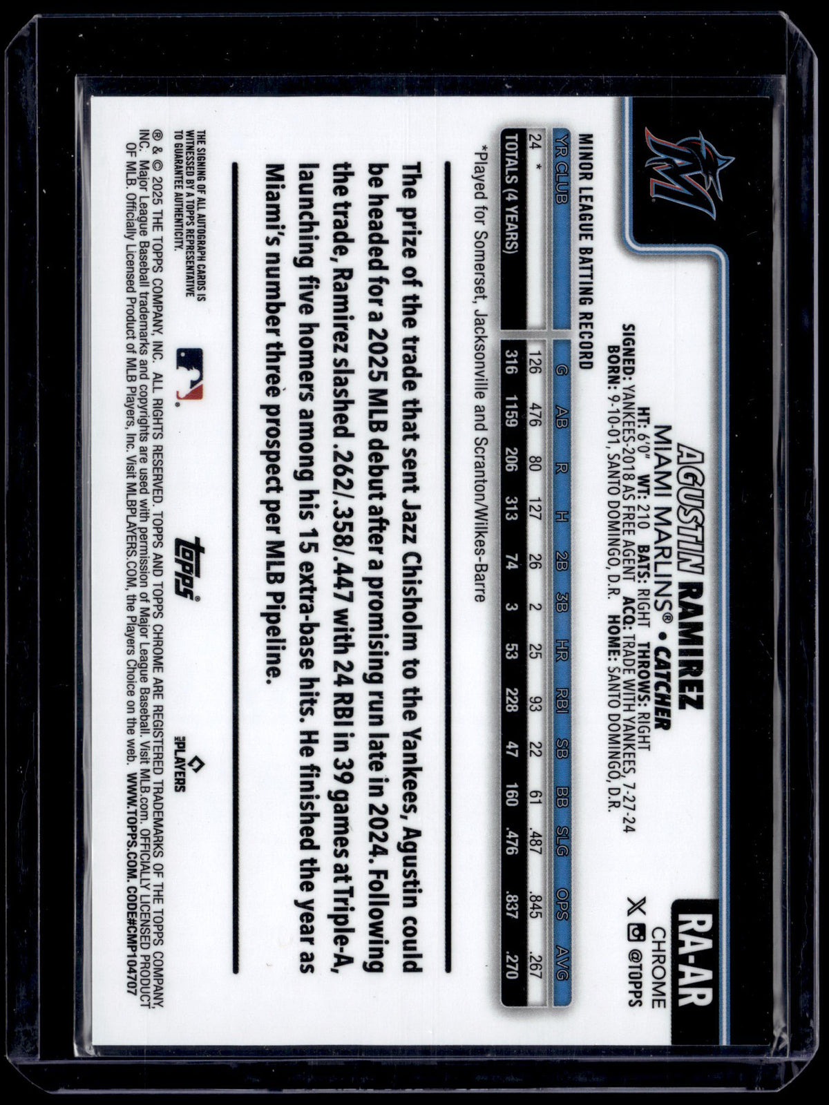 HL-P01 2025 Topps Chrome Agustin Ramirez #RA-AR Auto RC