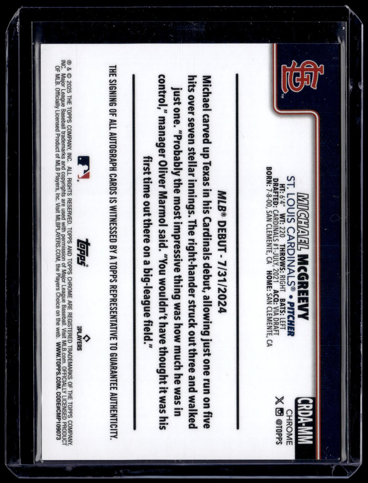 HL-P01 2025 Topps Chrome Update Michael McGreevy #CRDA-MM Black White Mini Auto