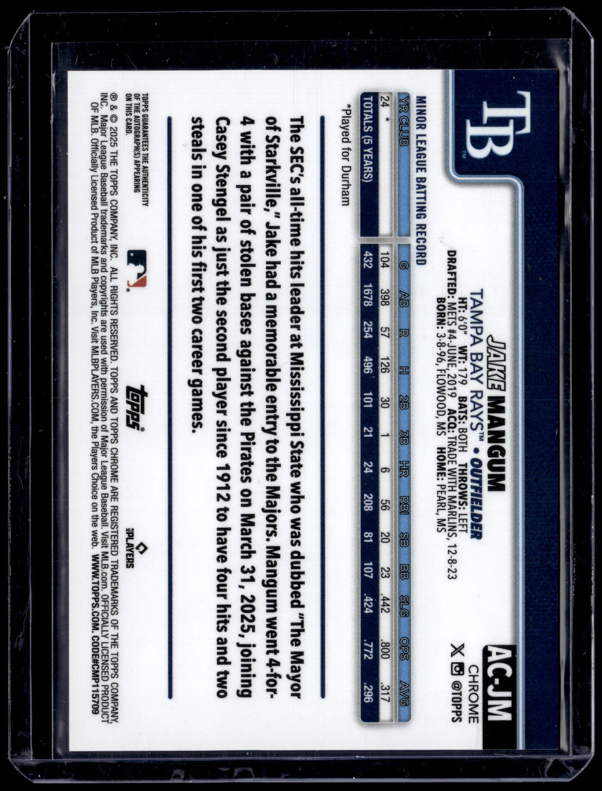 HL-P01 2025 Topps Chrome Jake Mangum #AC-JM Auto RC