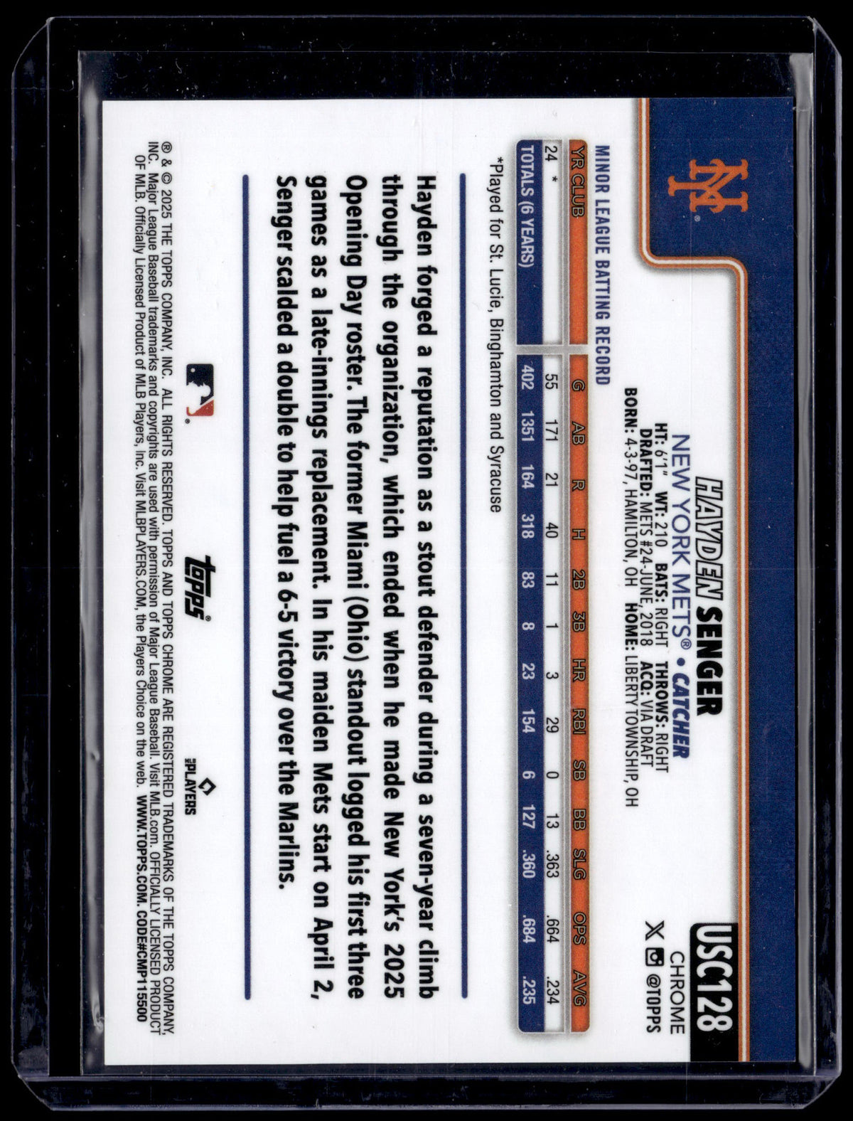 HL-P01 2025 Topps Chrome Update Hayden Senger RC Gold Mini-Diamond /50 USC128