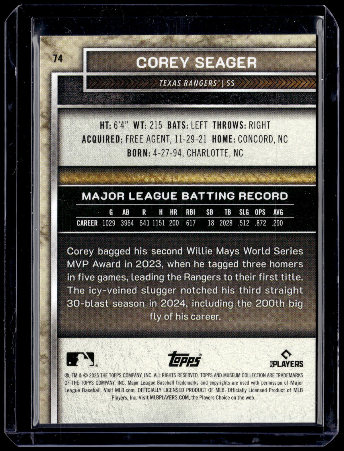 HL-P01 2025 Topps Museum Collection Corey Seager #74 Copper /249