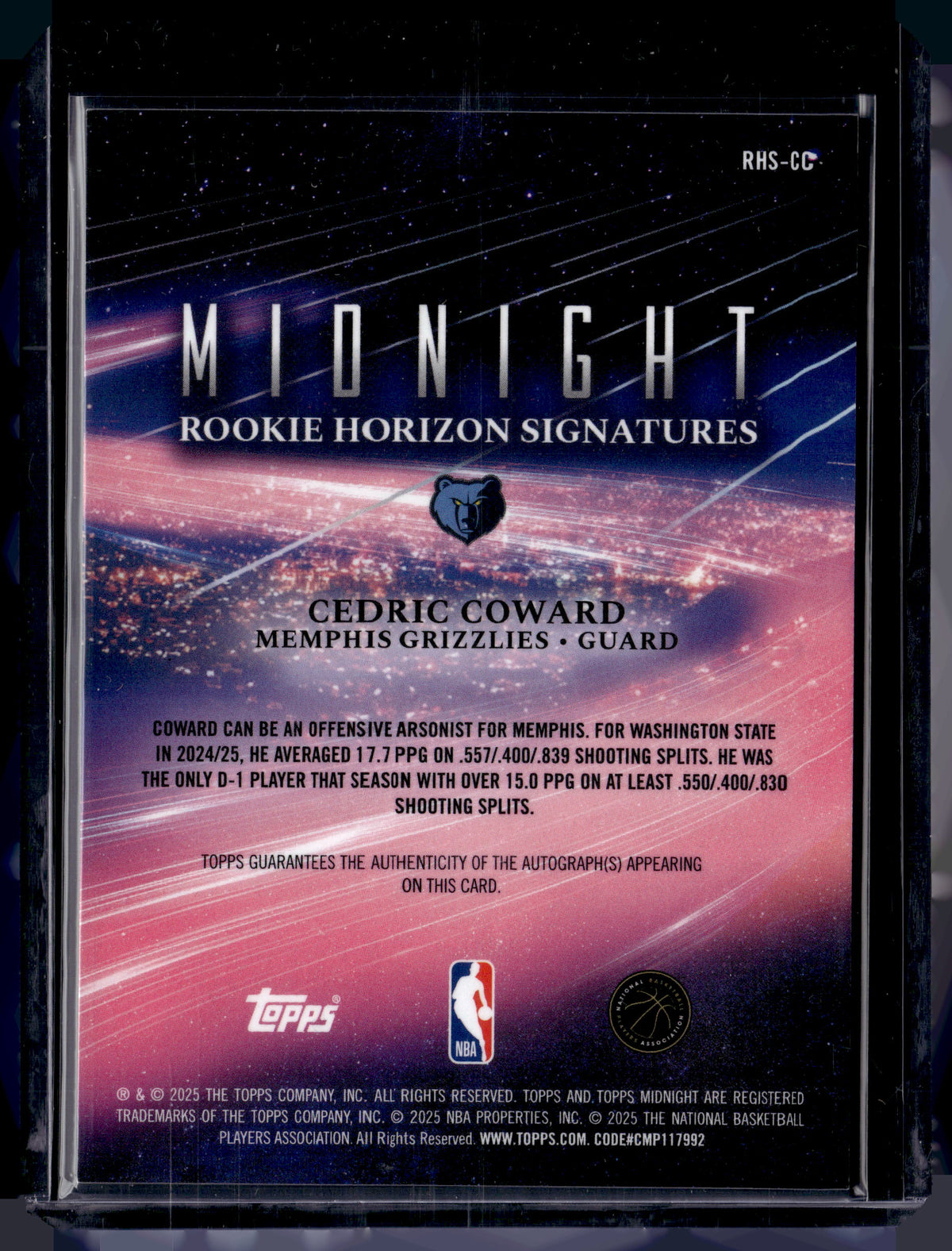 HL-P01 2025 Topps Midnight Rookie Cedric Coward #RHS-CC Horizon Signatures /35