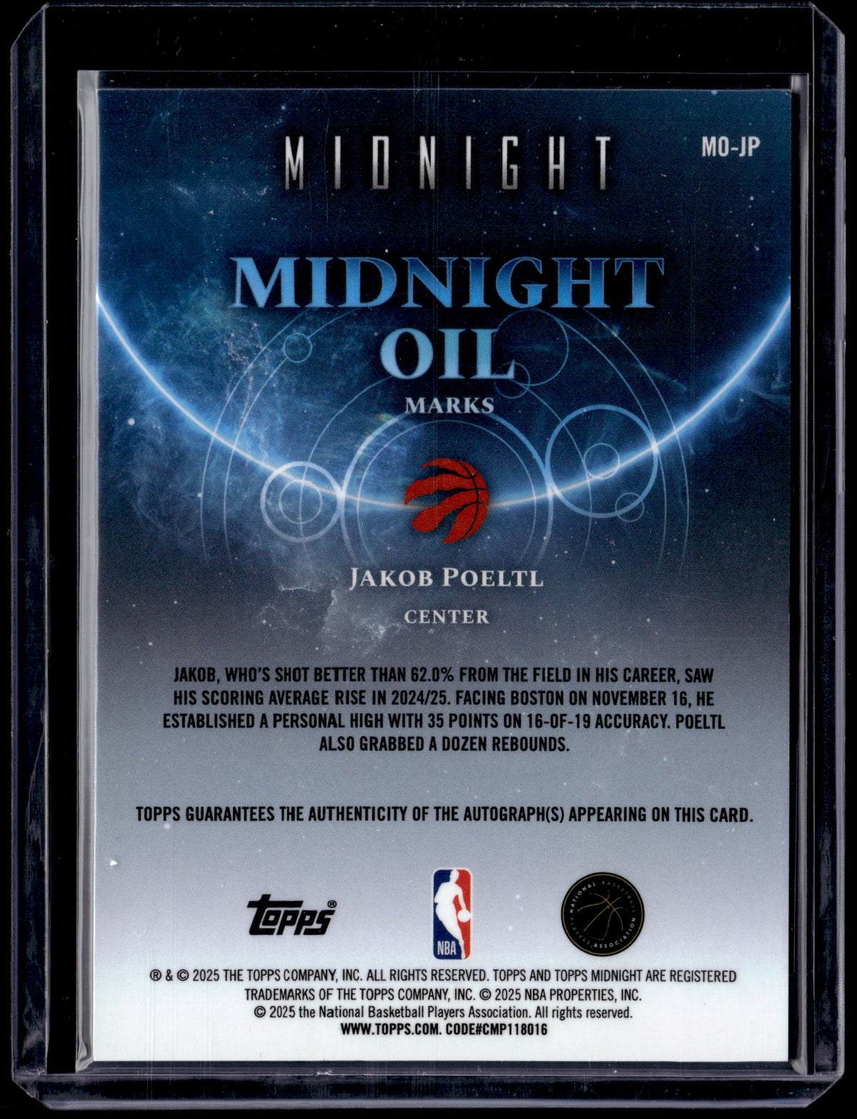 HL-P01 2025 Topps Midnight Midnight Oil Marks Jakob Poeltl #MO-JP Auto