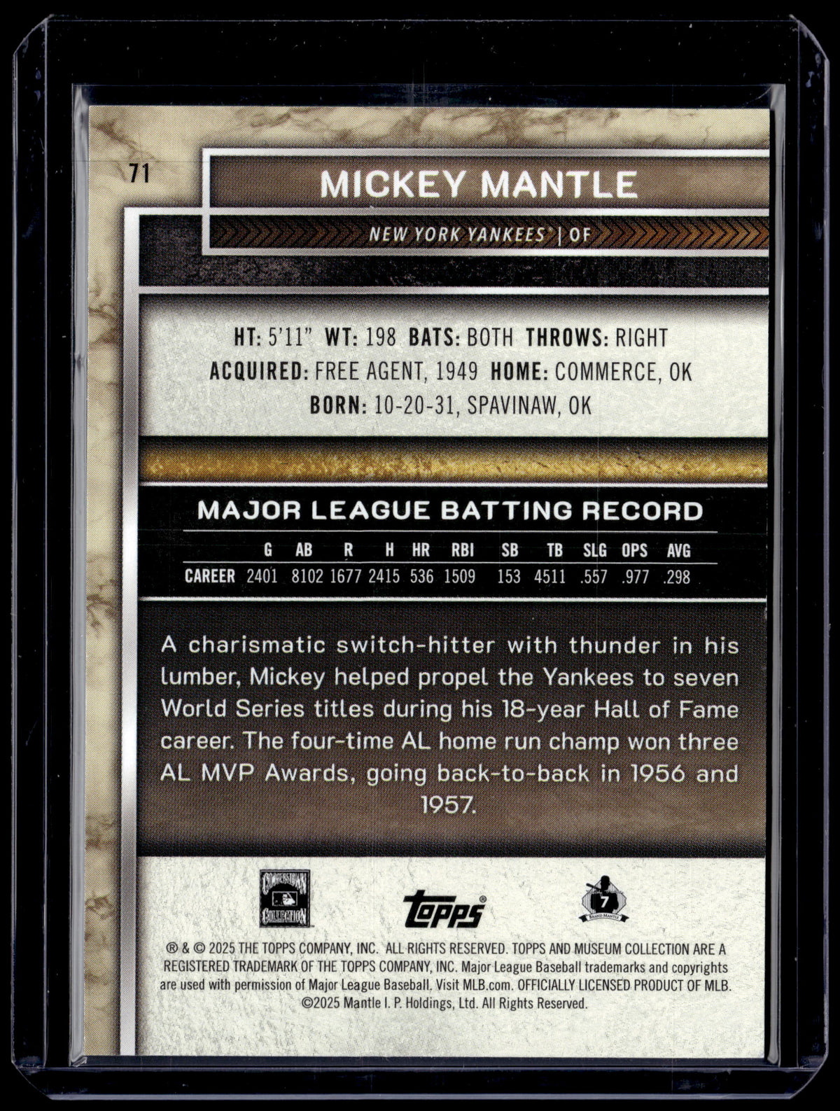 HL-P01 2025 Topps Museum Collection Mickey Mantle #71 Blue /150
