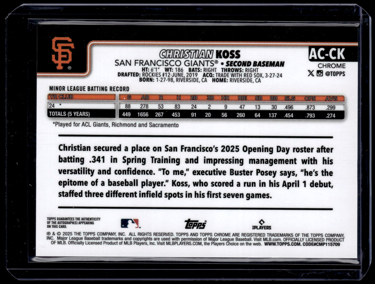 HL-P01 2025 Topps Chrome Christian Koss #AC-CK Black White Mini-Diamond Auto RC