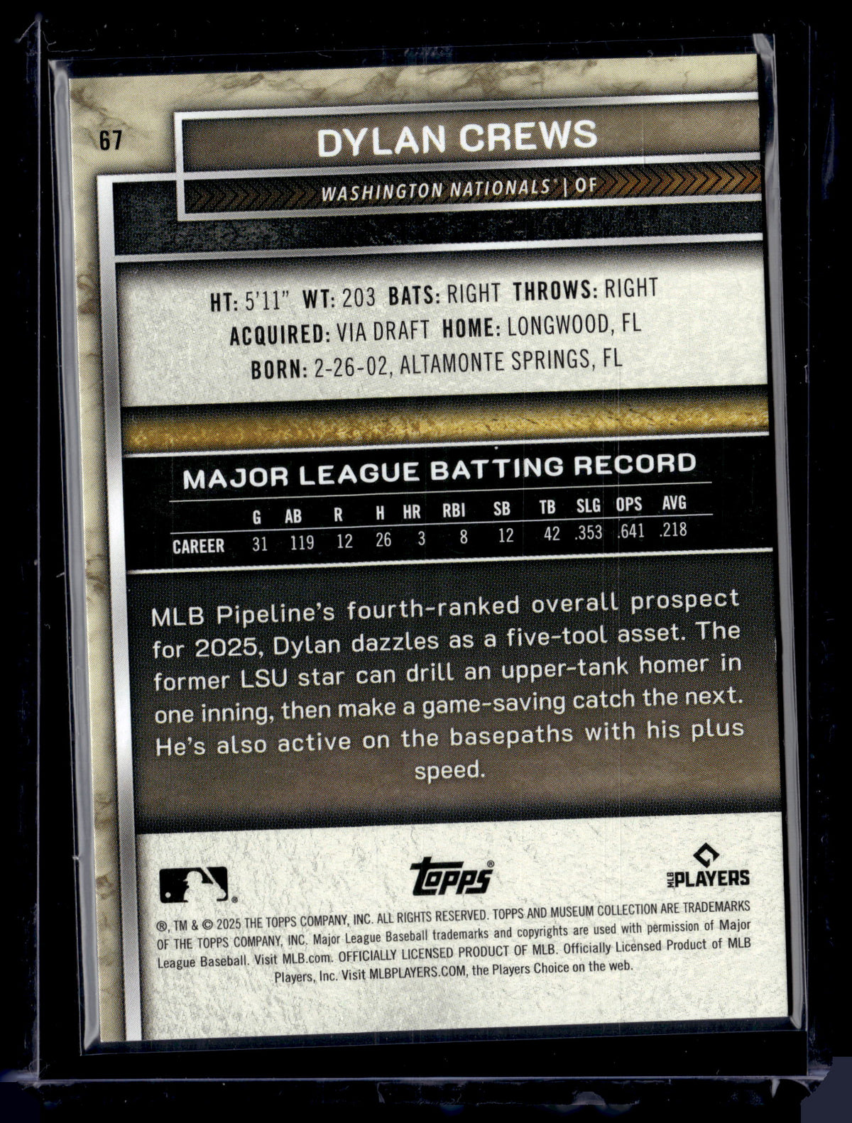 HL-P01 2025 Topps Museum Collection Dylan Crews #67 Gold /249 RC