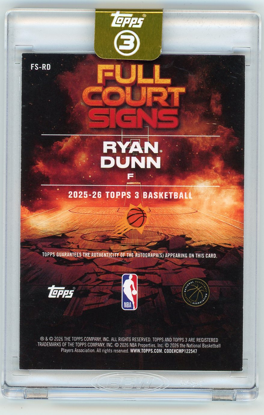 HL-P01 2026 Topps 3 Full Court Signs Ryan Dunn #FS-RD /25 Certified Autograph