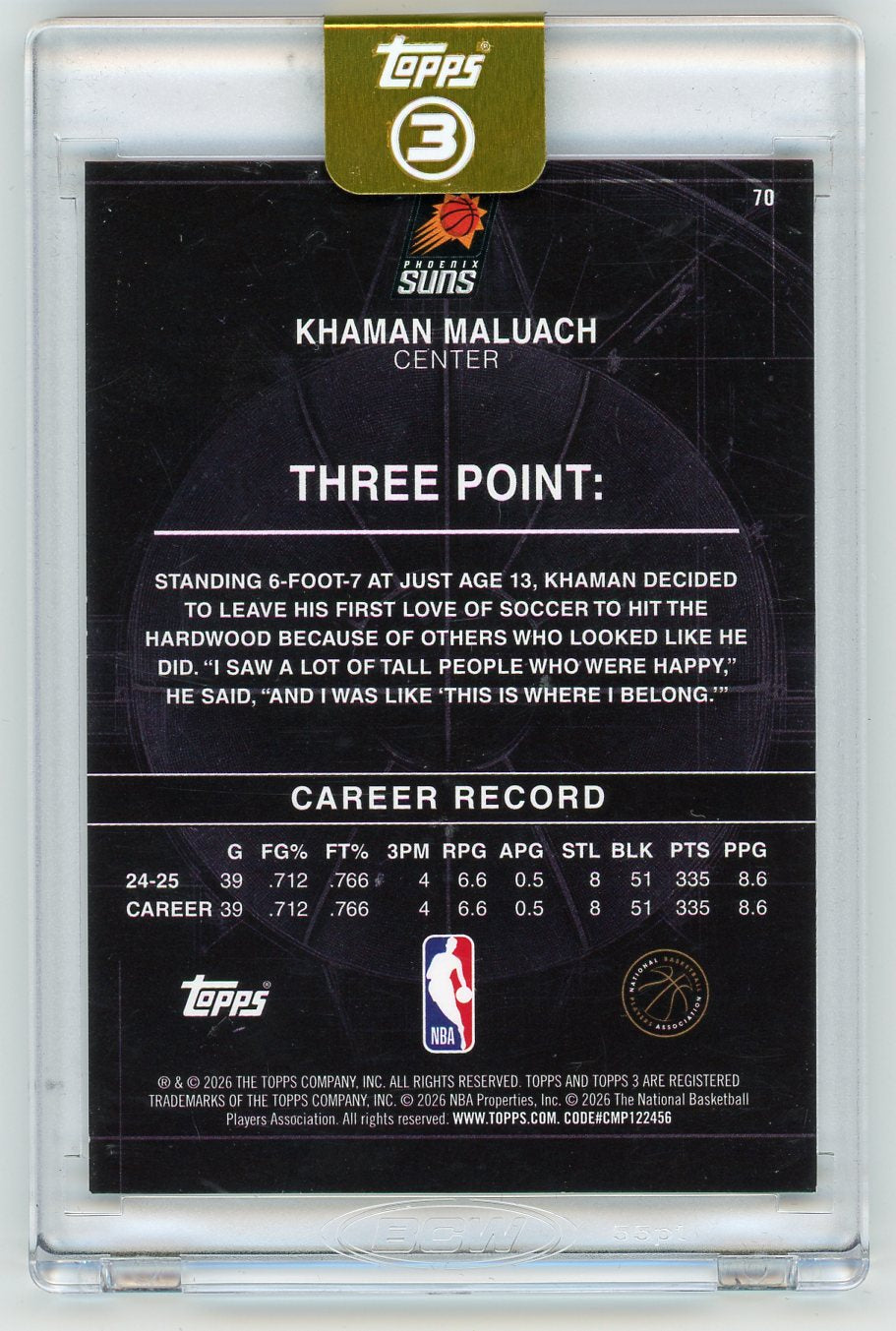 HL-P01 2026 Topps 3 Basketball Khaman Maluach #70 /25 RC