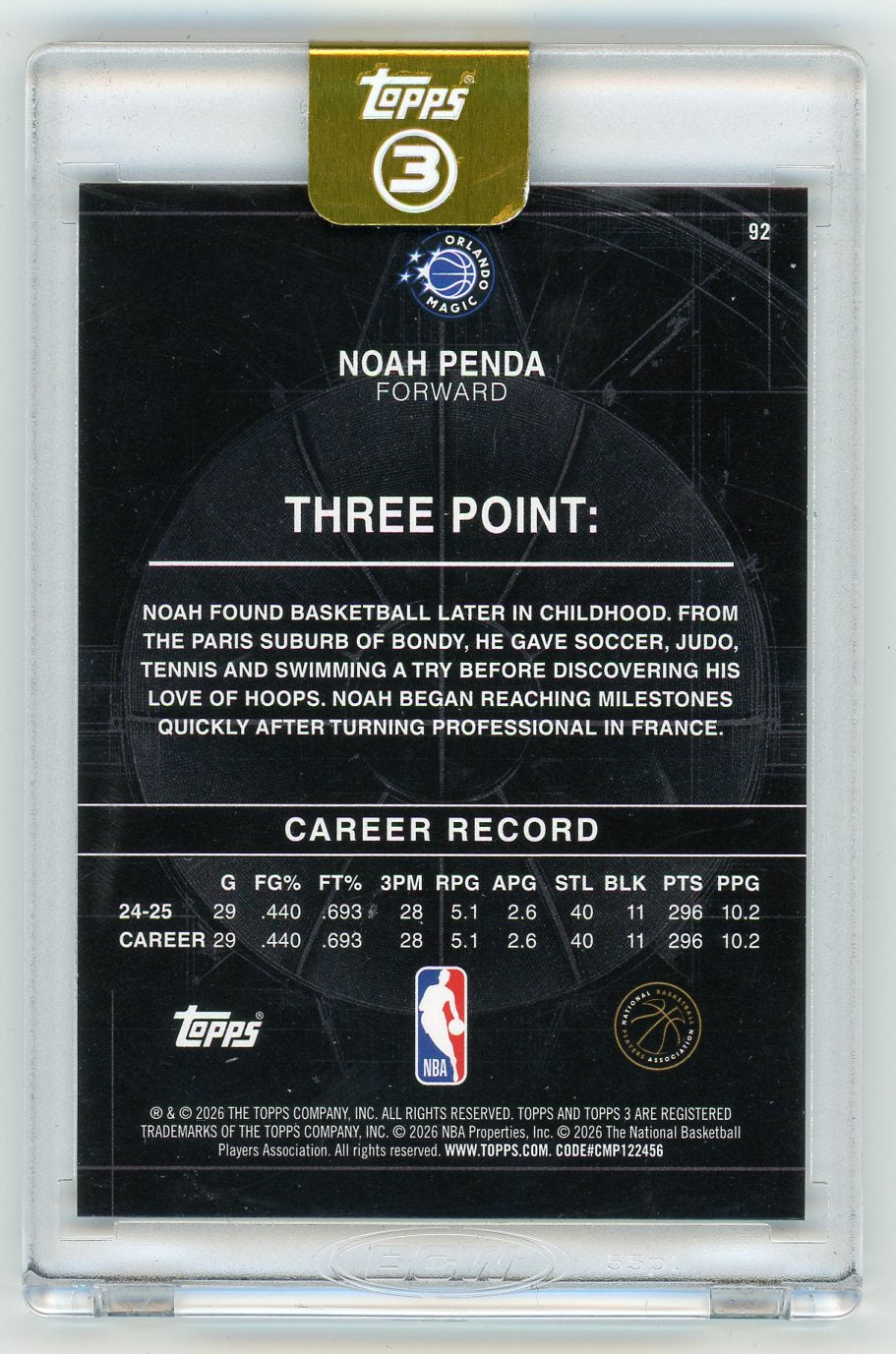 HL-P01 2026 Topps Three Point Basketball Noah Penda #92 Blue /49
