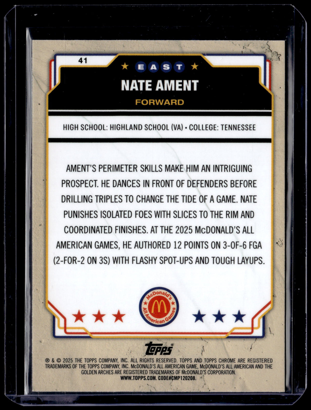 HL-P01 2025 Topps Chrome McDonald's All American Nate Ament #41 Blue Lava /75