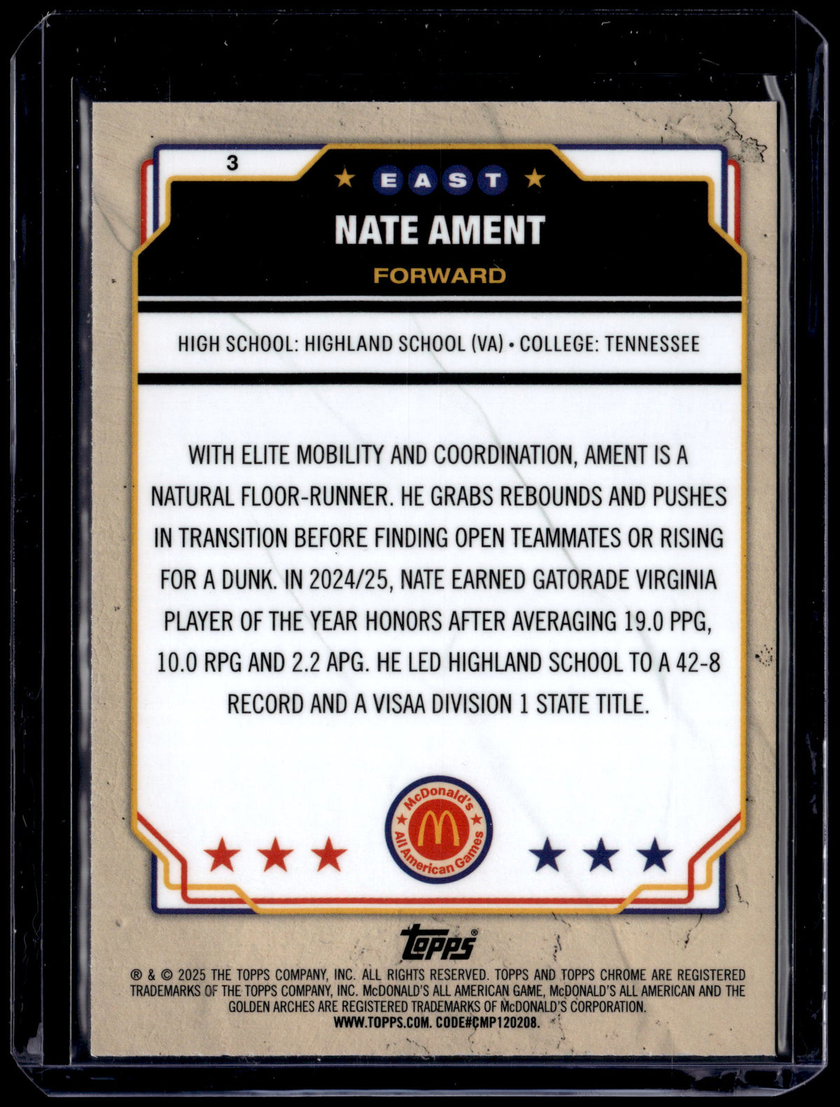 HL-P01 2025 Topps Chrome McDonald's All American Nate Ament Blue Mini-Diamond #3