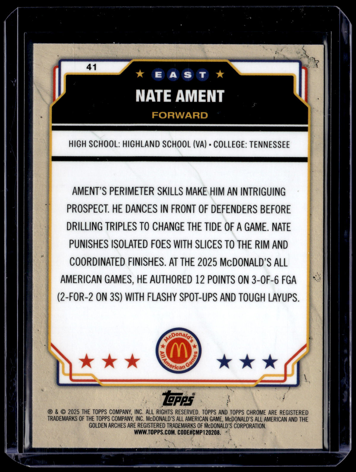 HL-P01 2025 Topps Chrome McDonald's All American Nate Ament #41 Blue Lava /75