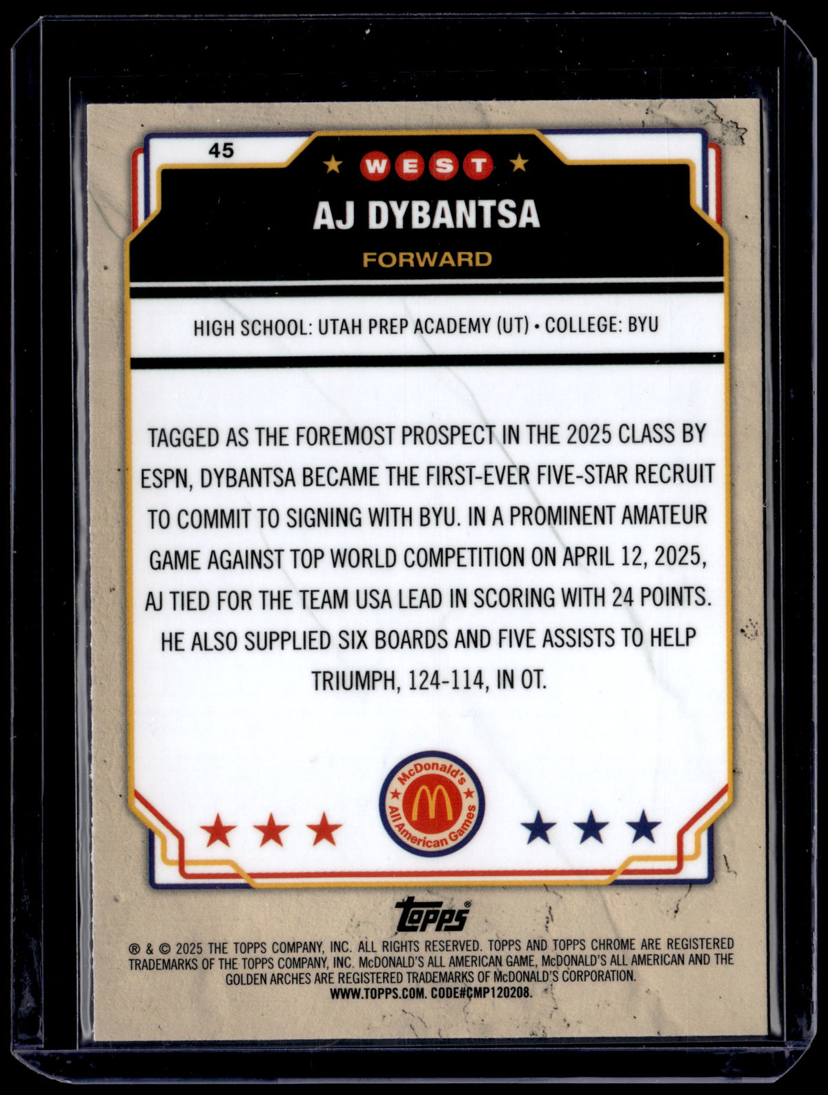 HL-P01 2025 Topps Chrome McDonald's All American AJ Dybantsa Red Refractor /125