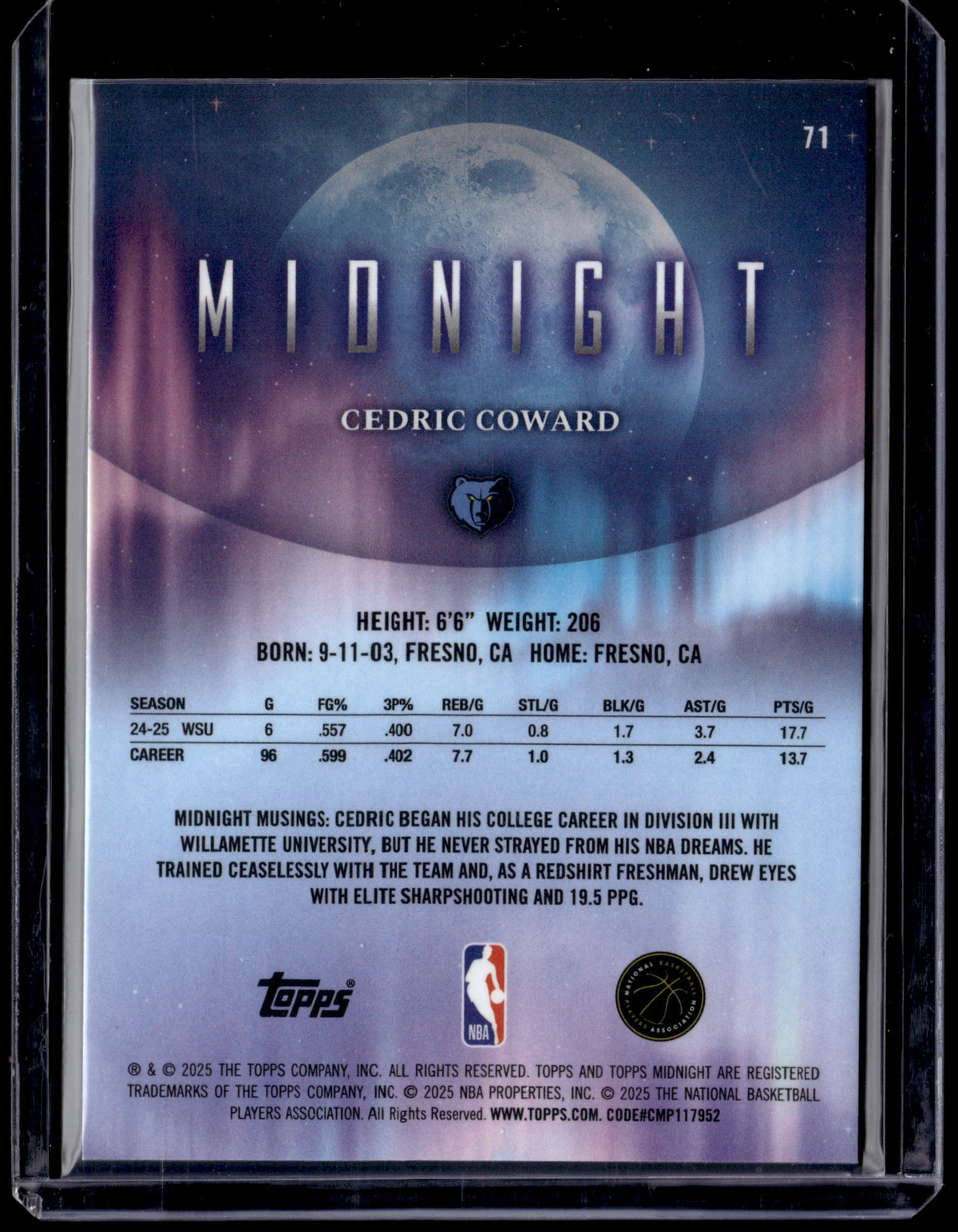 HL-P01 2025 Topps Midnight Cedric Coward #71 RC Memphis Grizzlies