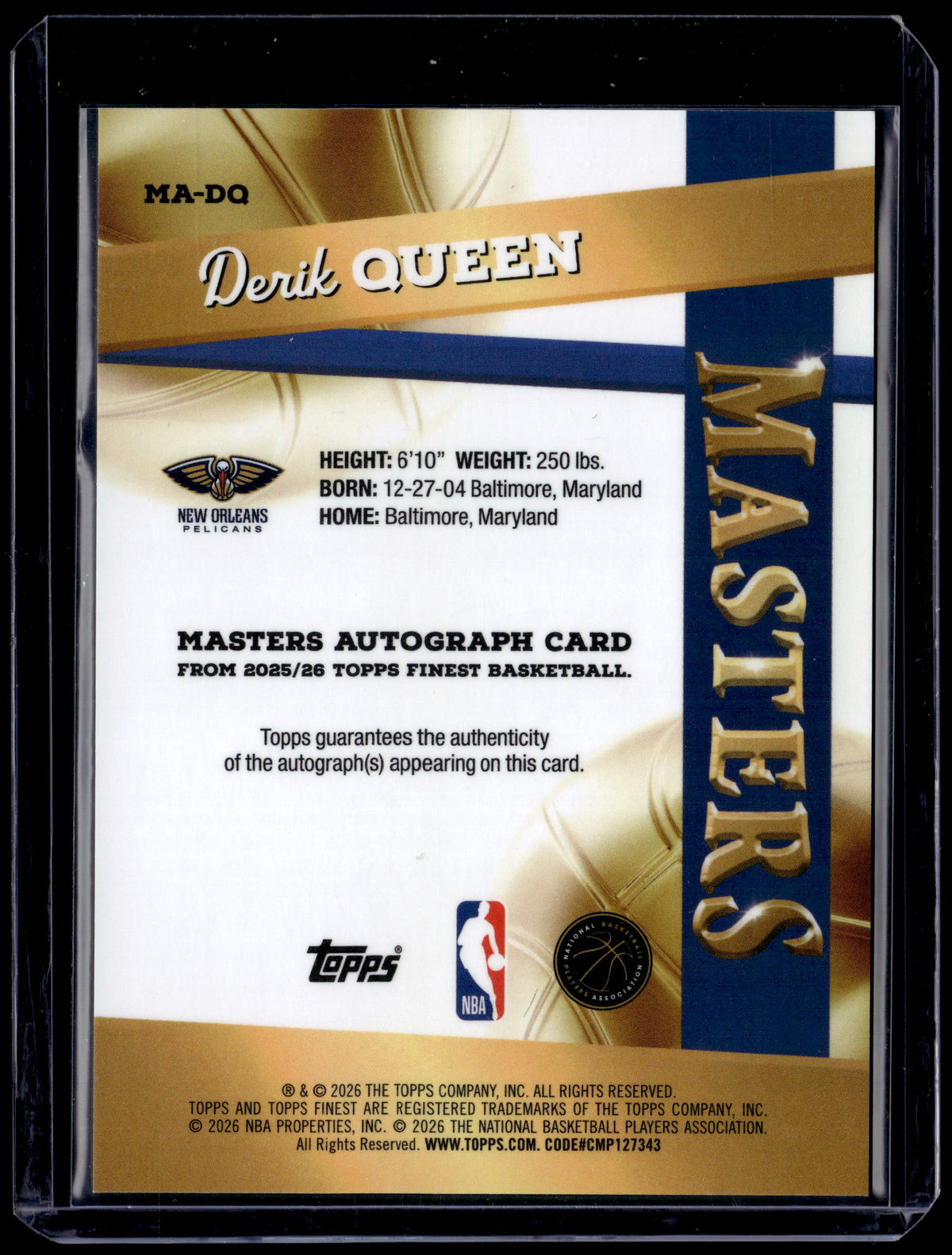 HL-P01 2026 Topps Finest Masters Derik Queen #MA-DQ Orange /25 RC