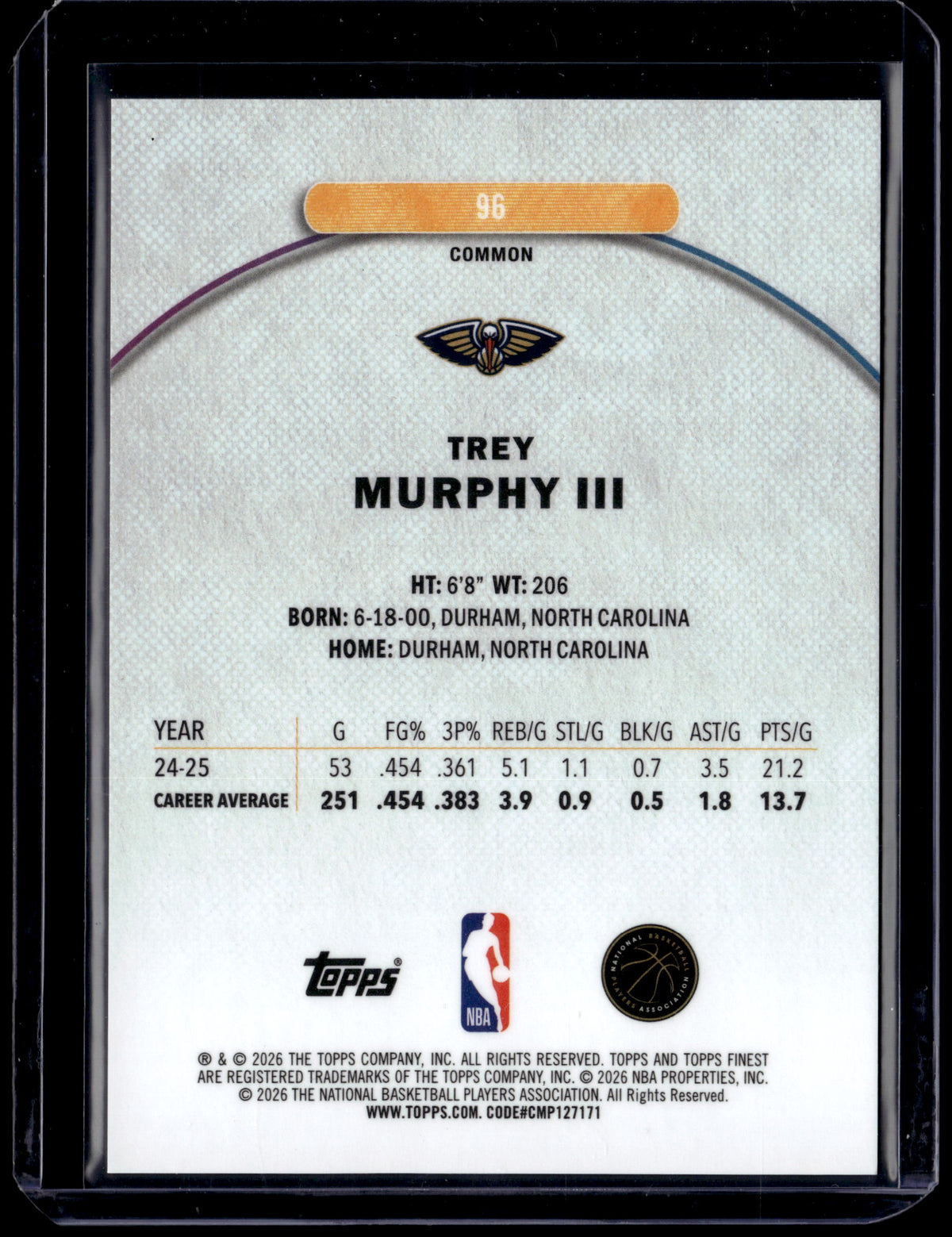 HL-P01 2026 Topps Finest Trey Murphy III #96 Purple /100