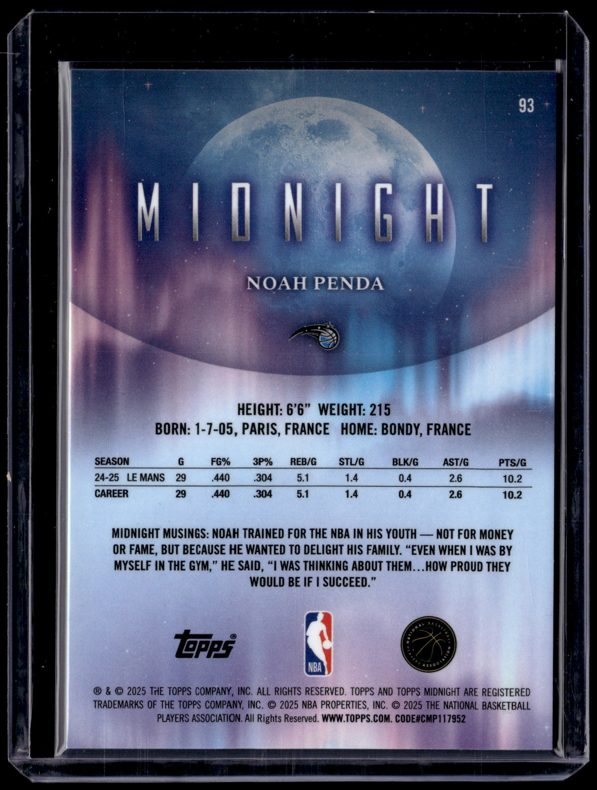 HL-P01 2025 Topps Midnight Noah Penda #93 RC