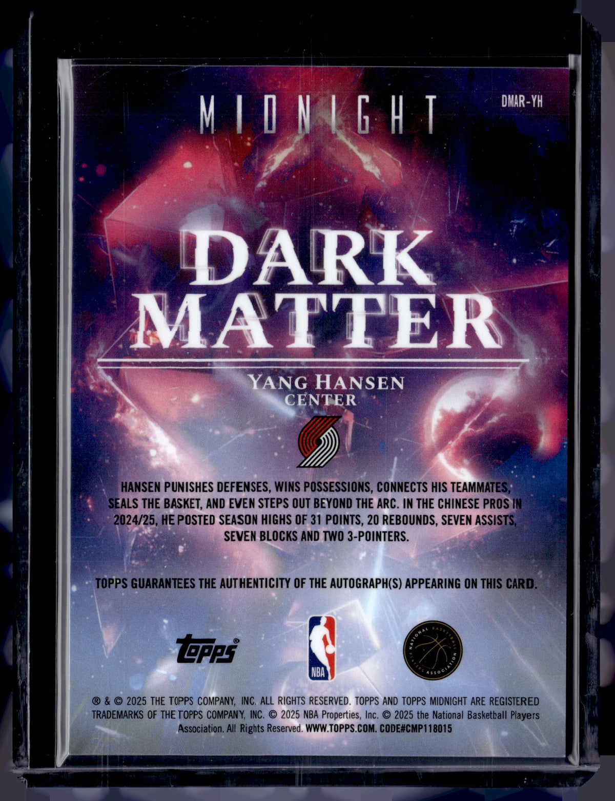 HL-P01 2025 Topps Midnight Dark Matter Yang Hansen #DMAR-YH RC