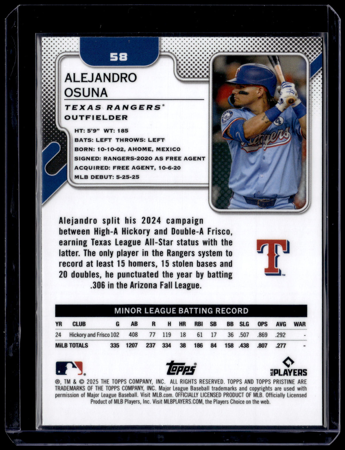 HL-P01 2025 Topps Pristine Alejandro Osuna #58 RC Texas Rangers
