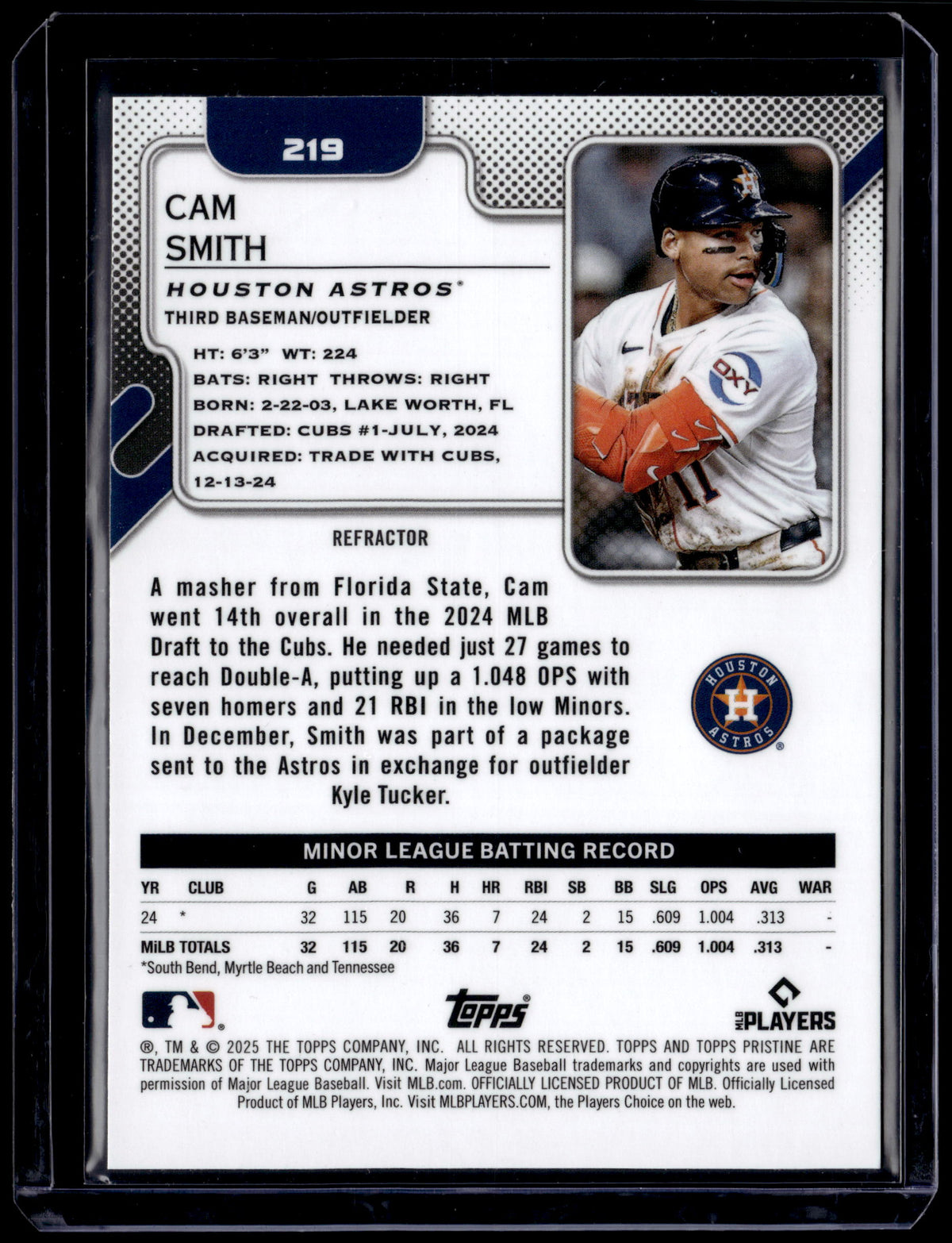 HL-P01 2025 Topps Pristine Cam Smith #219 Refractor RC Houston Astros