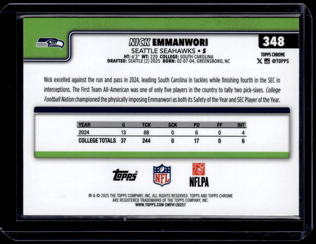 HL-P01 2025 Topps Chrome Nick Emmanwori #348 Blue Geometric /150 RC