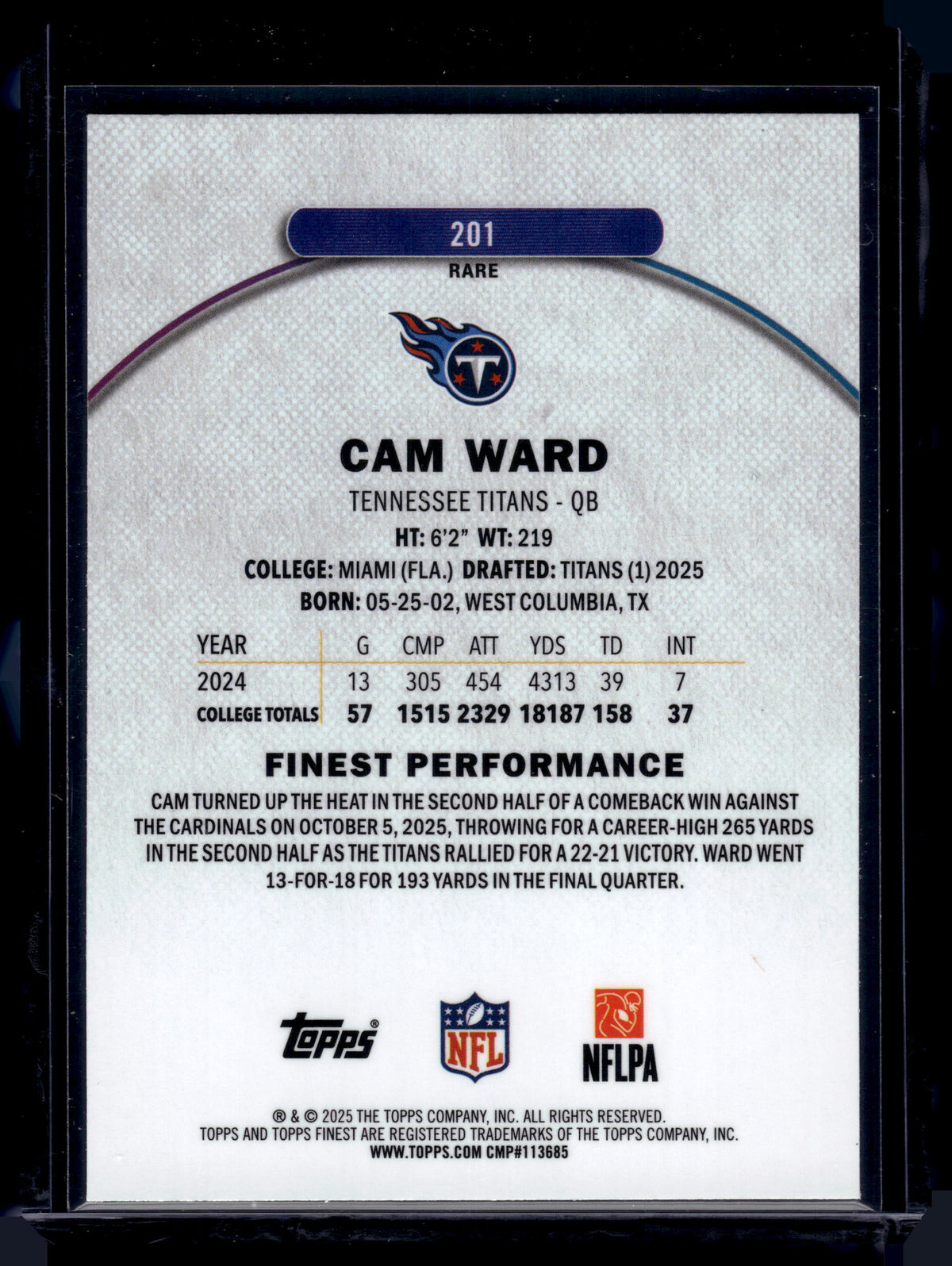 HL-INV 2025 Topps Finest Cam Ward #201 Rare Base RC