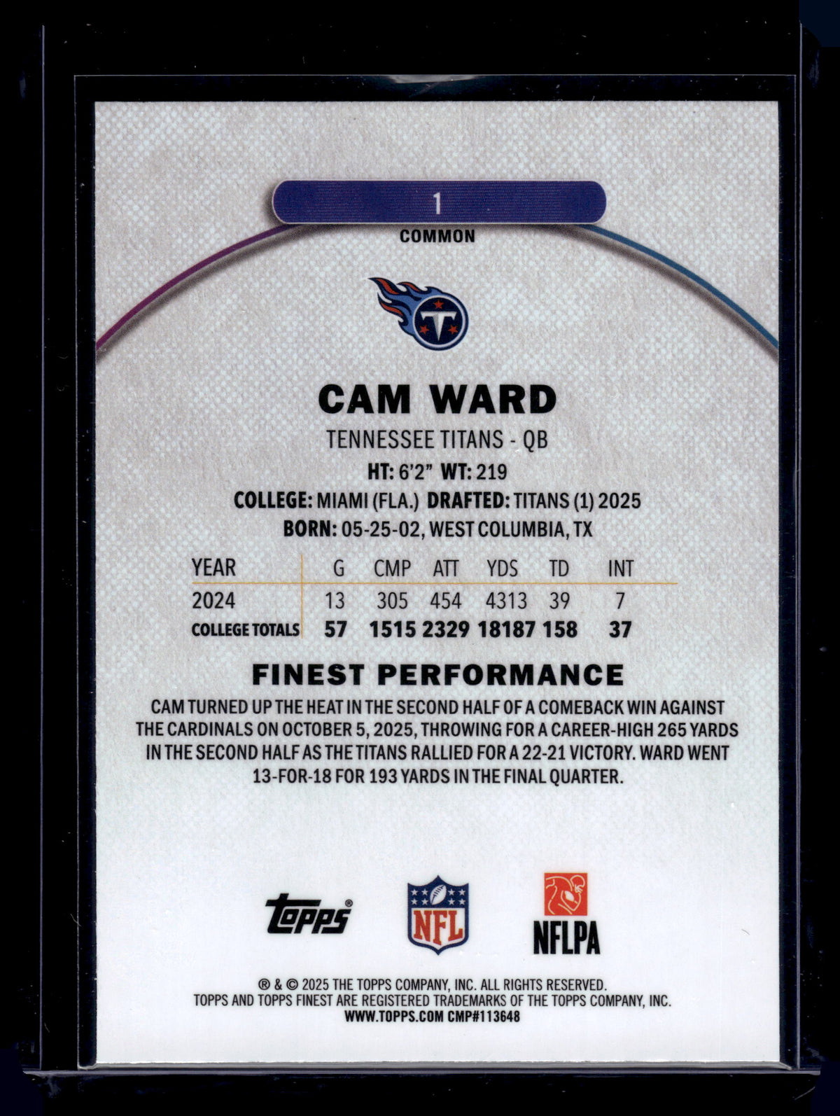 HL-INV 2025 Topps Finest Cam Ward #1 Common Base RC