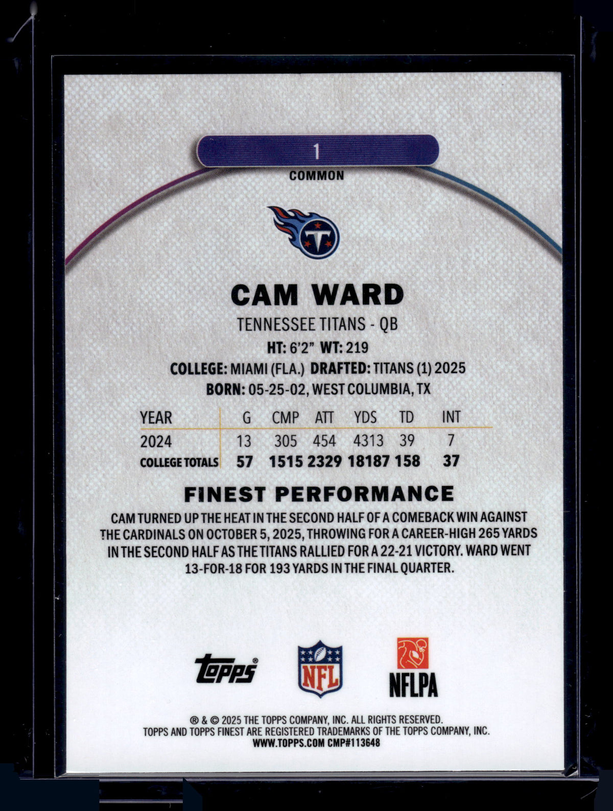 HL-INV 2025 Topps Finest Cam Ward #1 Common Base RC
