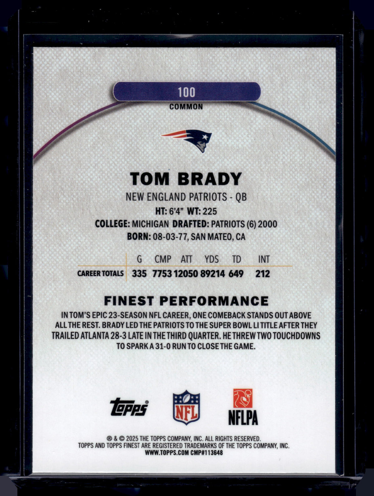 HL-INV 2025 Topps Finest Tom Brady #100 Common Base
