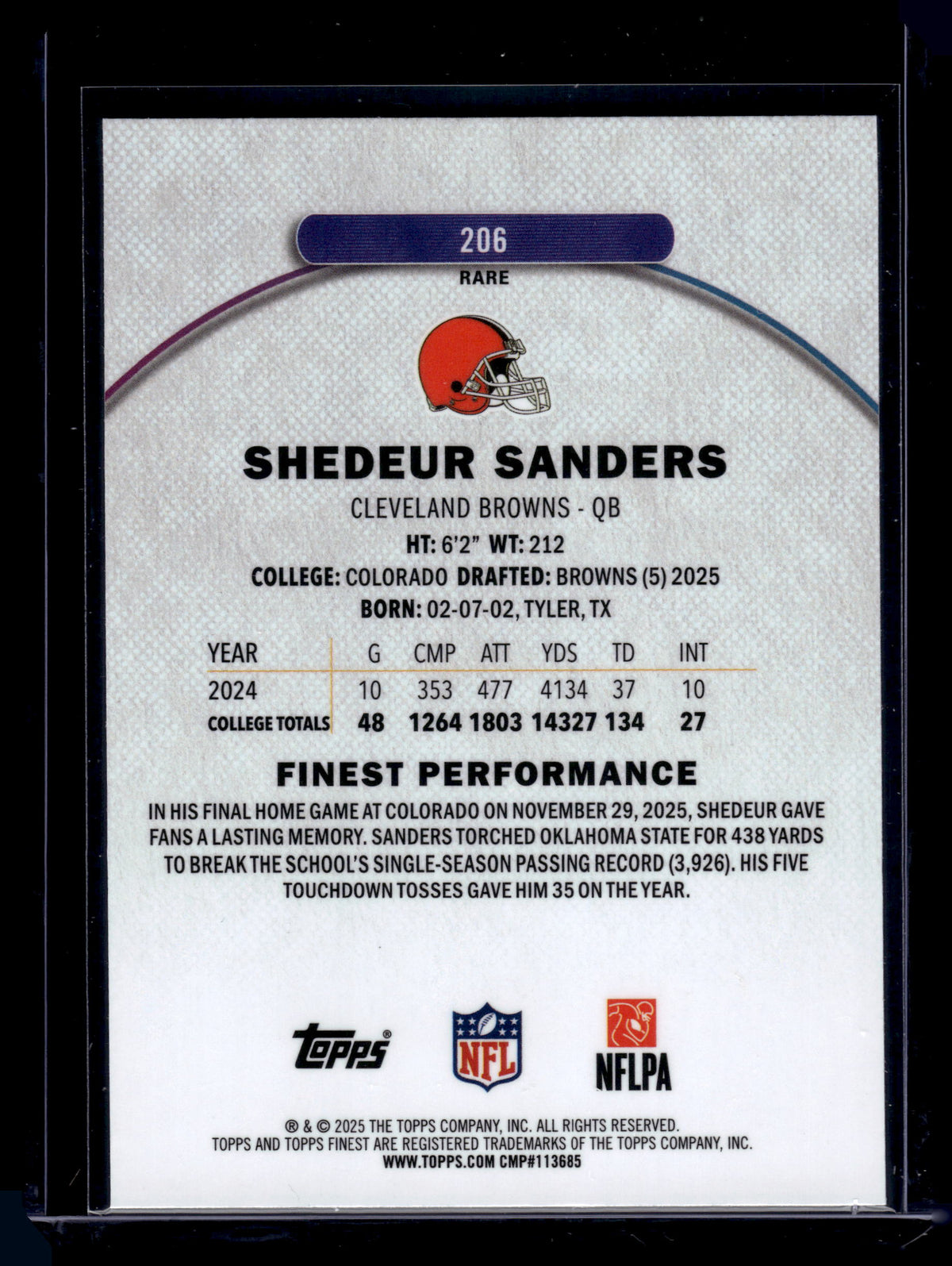 HL-INV 2025 Topps Finest Shedeur Sanders #206 RC