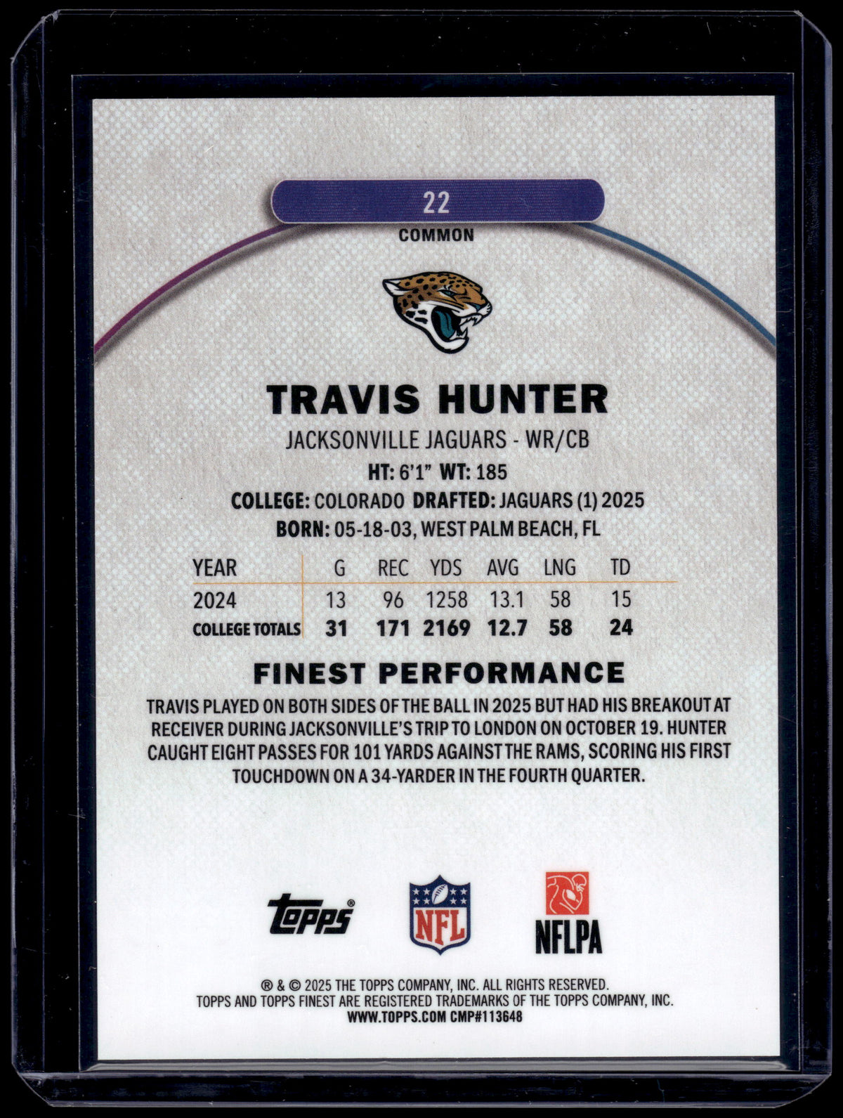 HL-INV 2025 Topps Finest Travis Hunter #22 Purple Refractor /250 RC