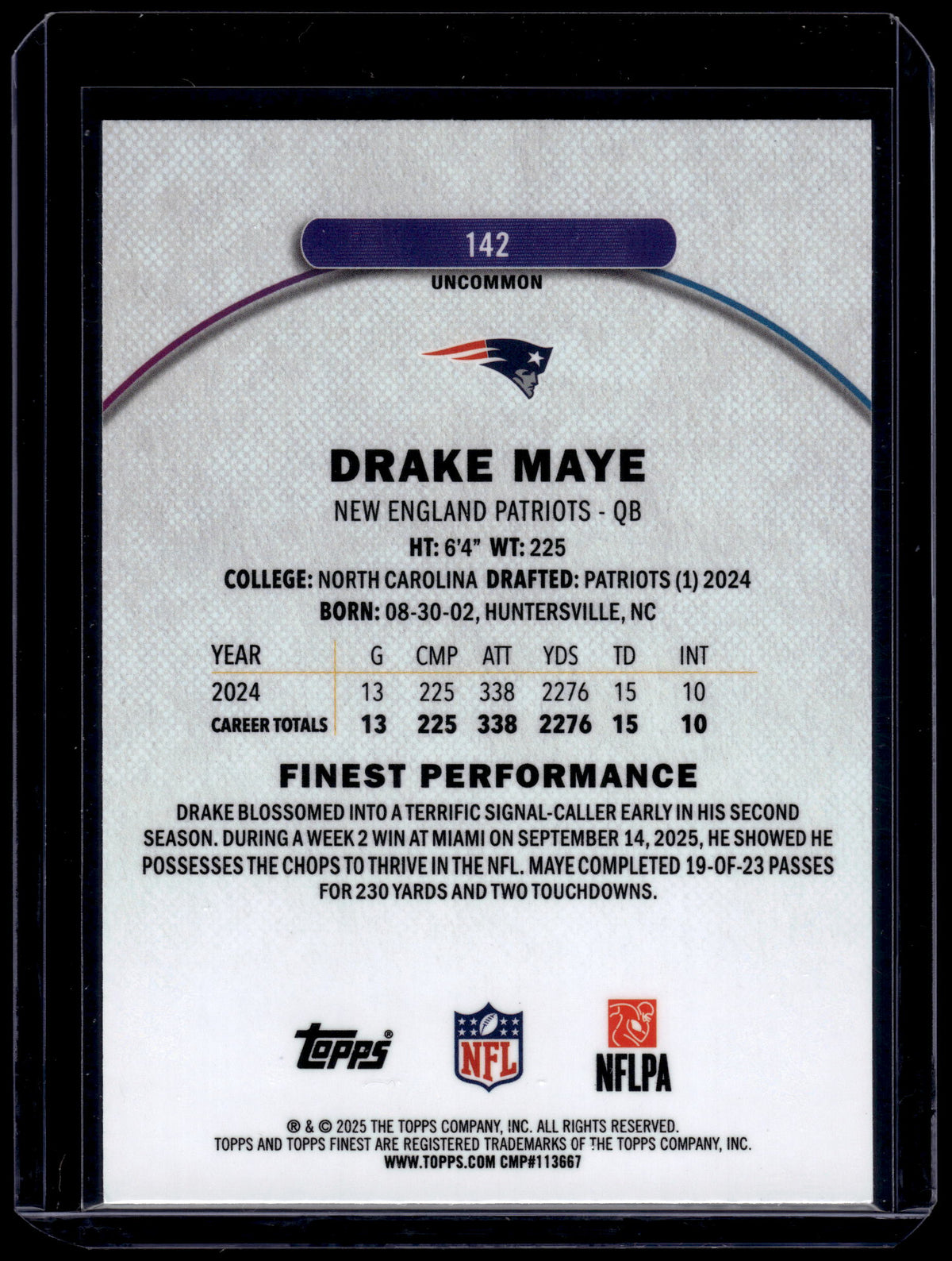 HL-INV 2025 Topps Finest Drake Maye #142 Purple Refractor /200