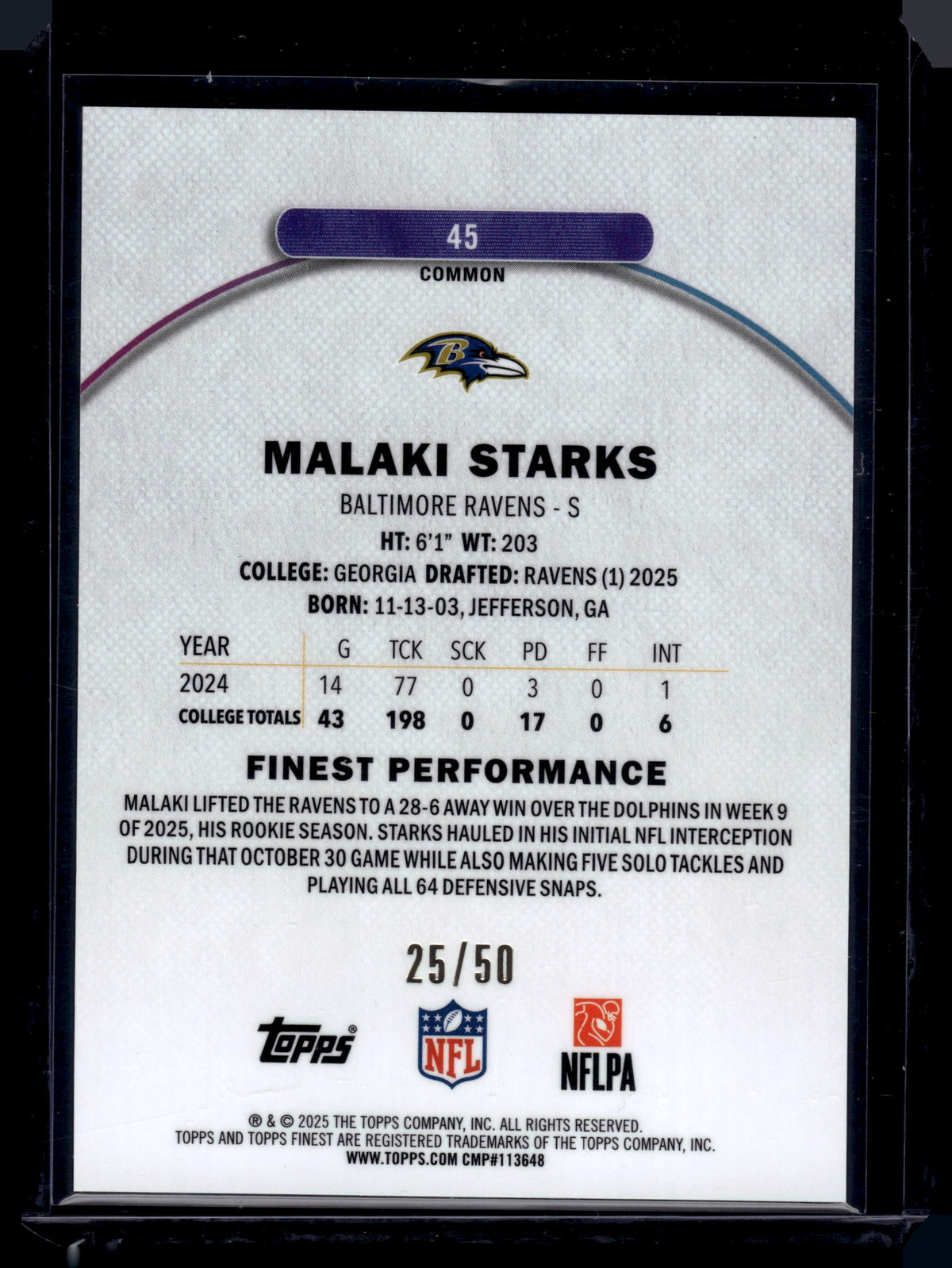HL-INV 2025 Topps Finest Malaki Starks #45 Gold Geometric /50 Common RC