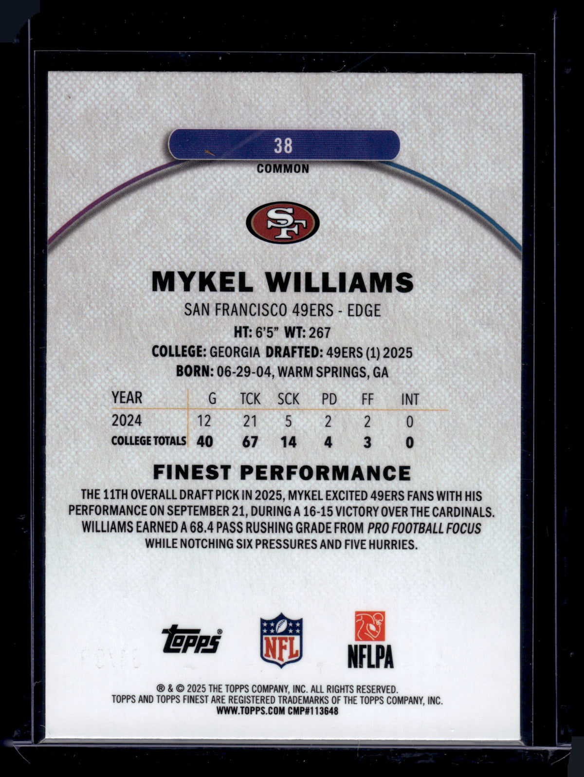 HL-INV 2025 Topps Finest Mykel Williams #38 Blue Geometric /99 Common RC
