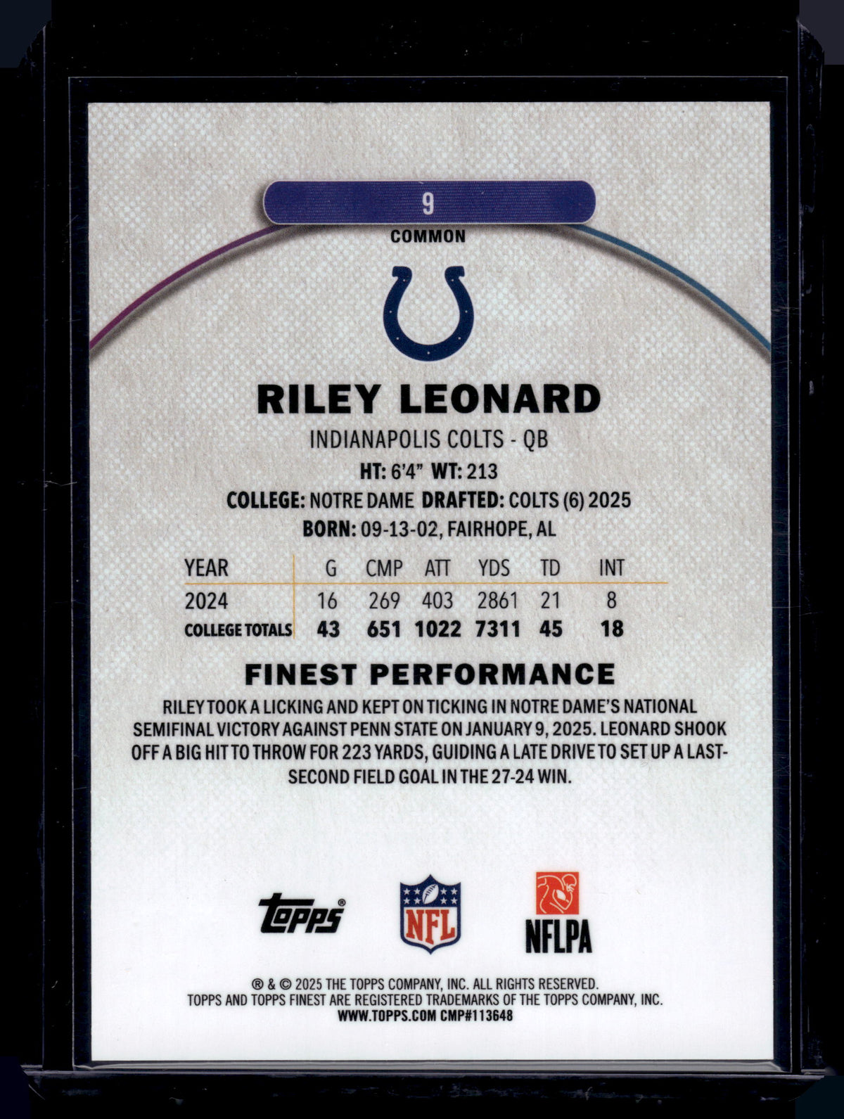 HL-INV 2025 Topps Finest Riley Leonard #9 Green Geometric /75 Common RC