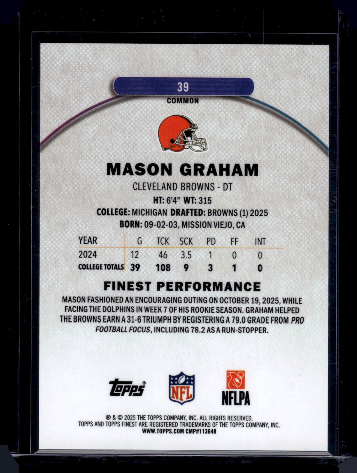 HL-INV 2025 Topps Finest Mason Graham #39 Purple Geometric /150 Common RC