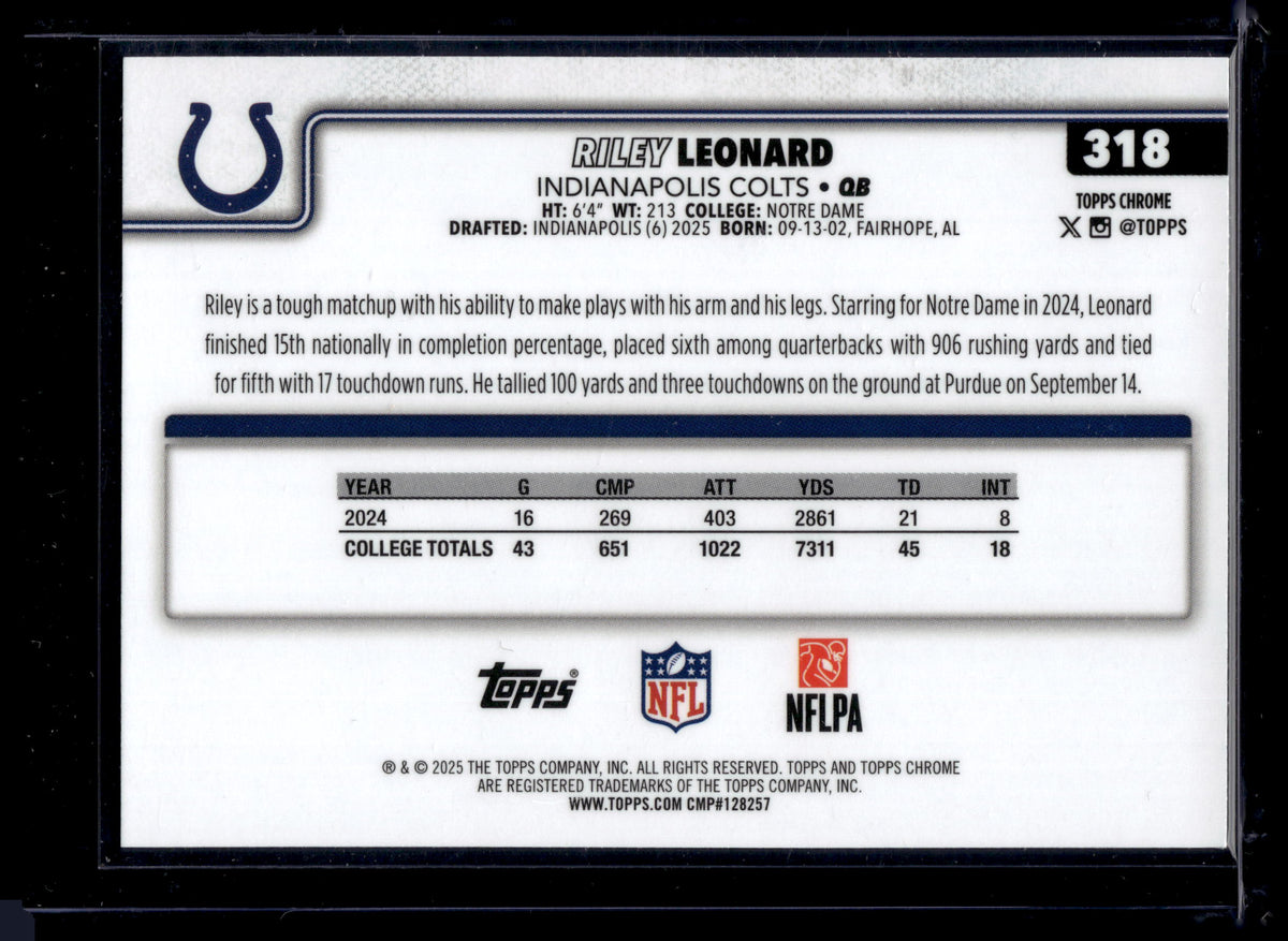 HL-P01 2025 Topps Chrome Riley Leonard #318 Prism Refractor RC