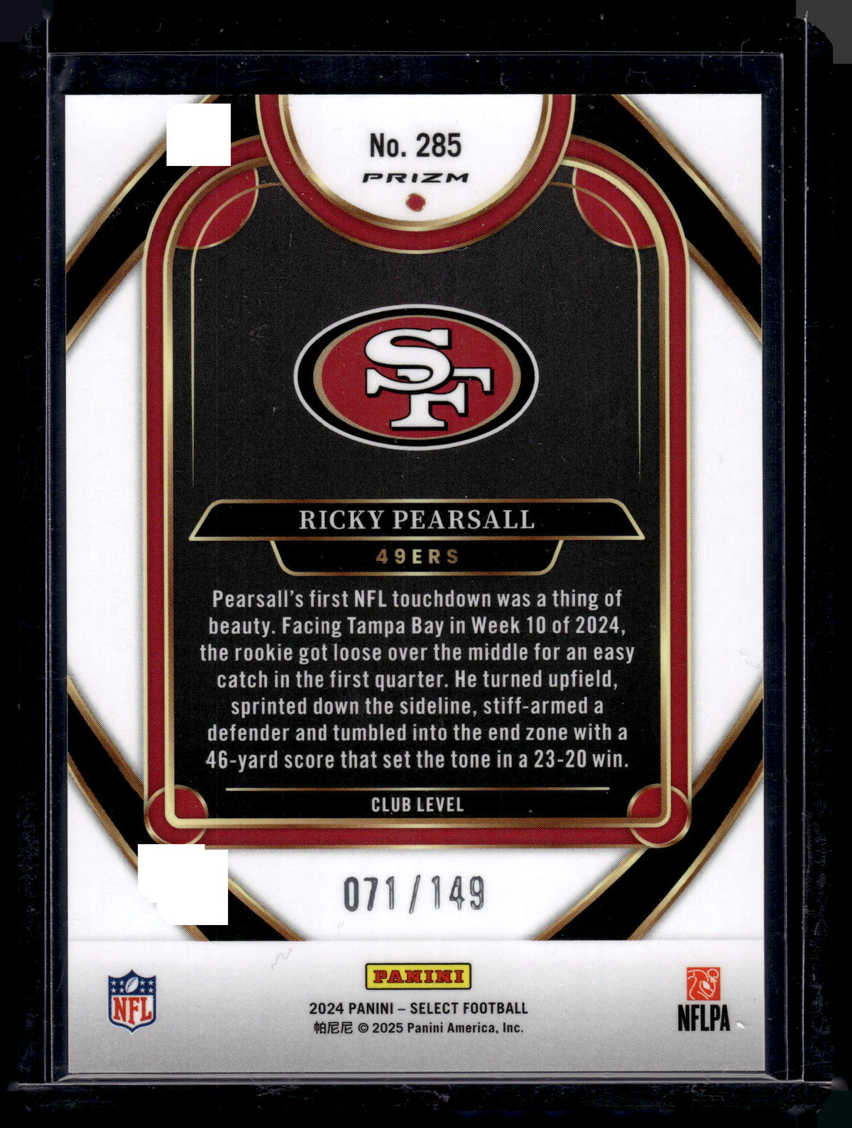 HL-P02 2024 Panini Select Prizm Club Ricky Pearsall #285 Tri-Color Prizm /149 RC