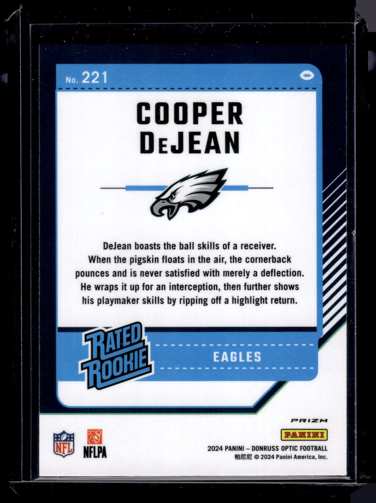 HL-P02 2024 Panini Donruss Purple Shock Prizm Cooper DeJean #221 Rated Rookie