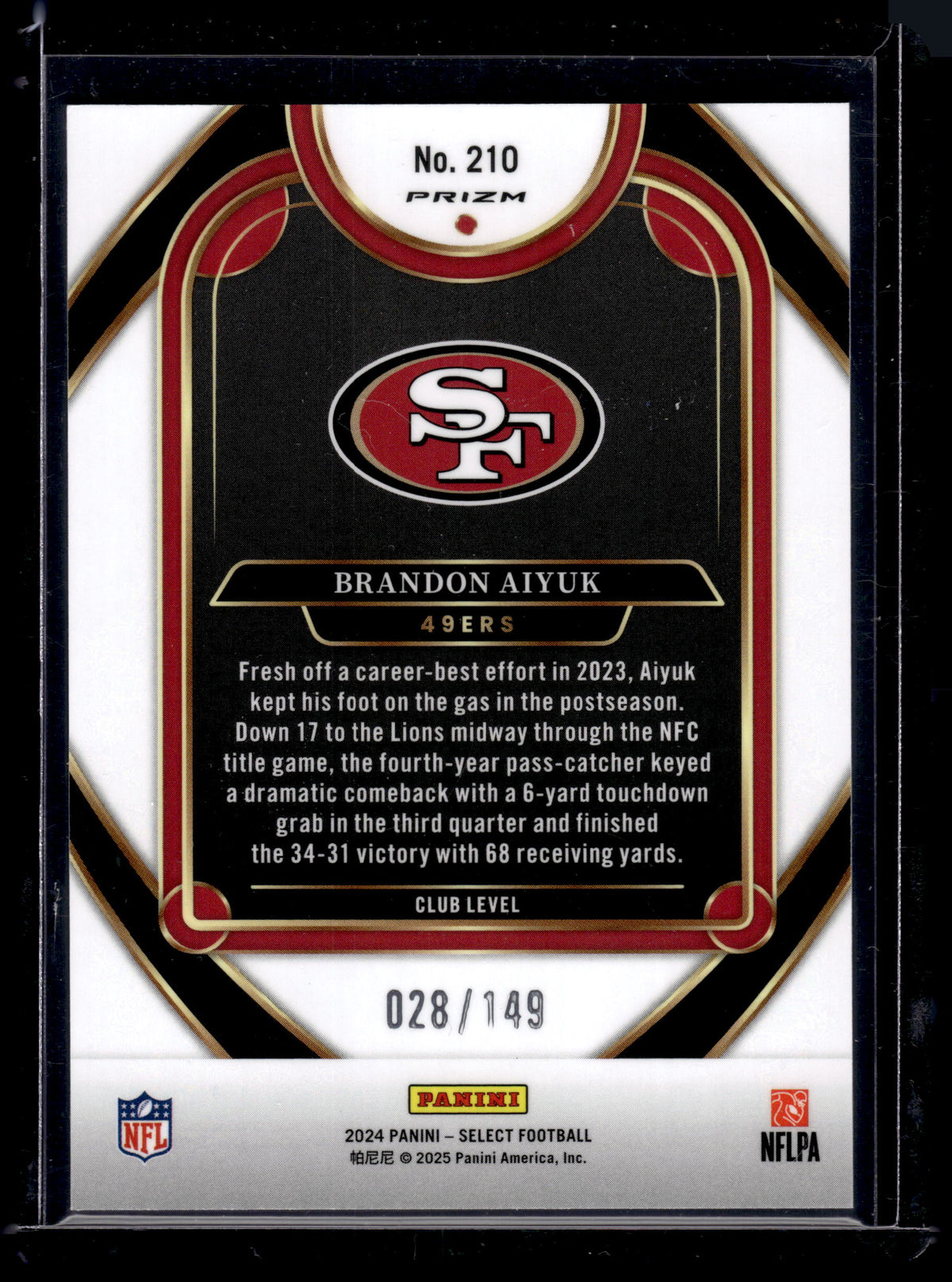 HL-P02 2024 Panini Select Prizm Brandon Aiyuk #210 Tri-Color Prizm /149
