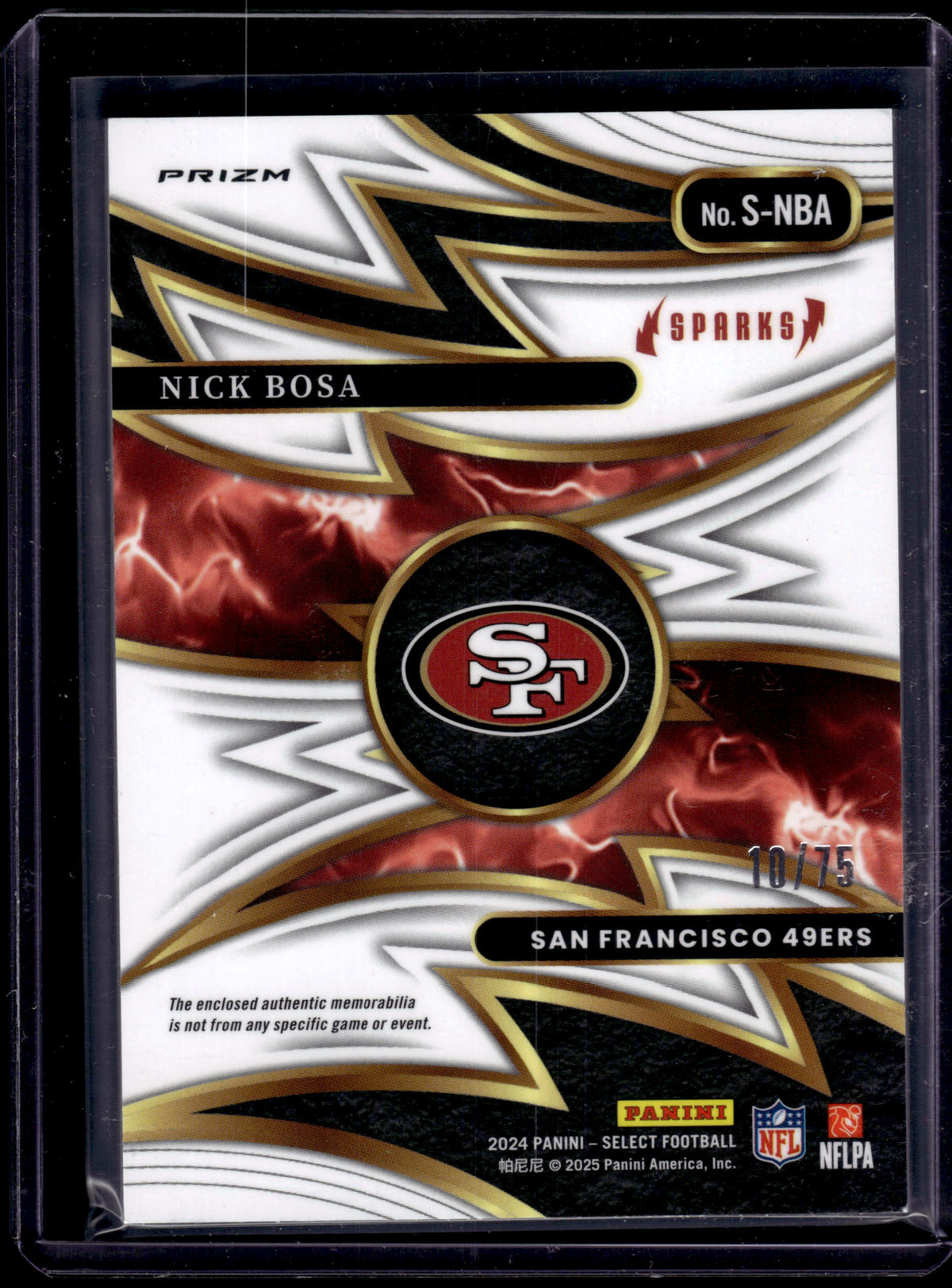 HL-P02 2024 Panini Select White Prizm Sparks Nick Bosa #S-NBA /75 Memorabilia