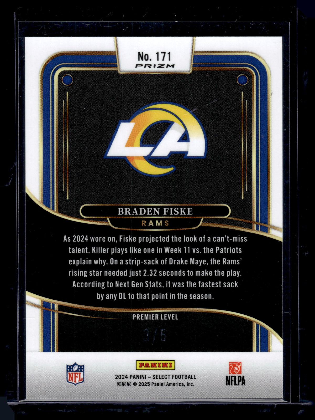 2025 HL-P02 2024 Panini Select Prizm Braden Fiske #171 Green Laser /5