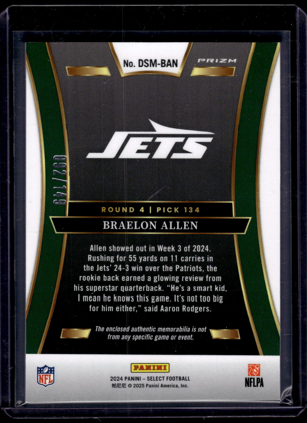 2025 HL-P02 2024 Panini Select Draft Braelon Allen #DSM-BAN Silver Prizm /149