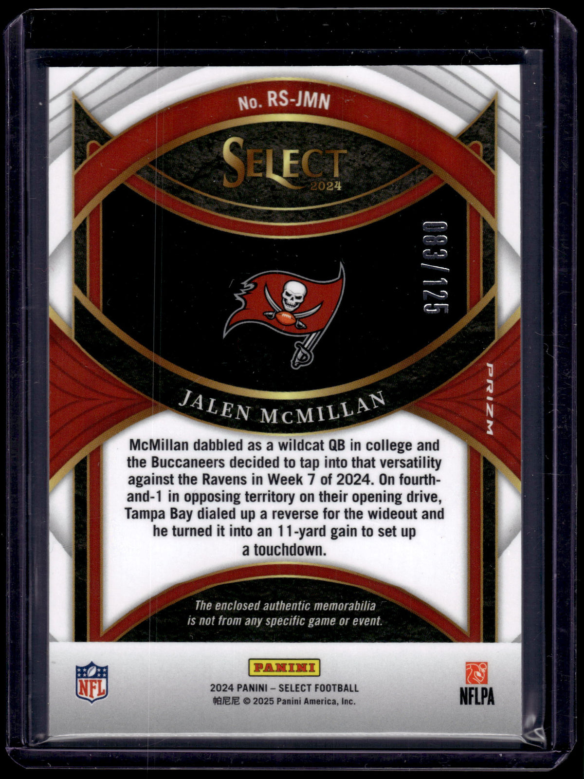 HL-P02 2024 Select Rookie Swatches Jalen McMillan #RS-JMN Silver Prizm /125
